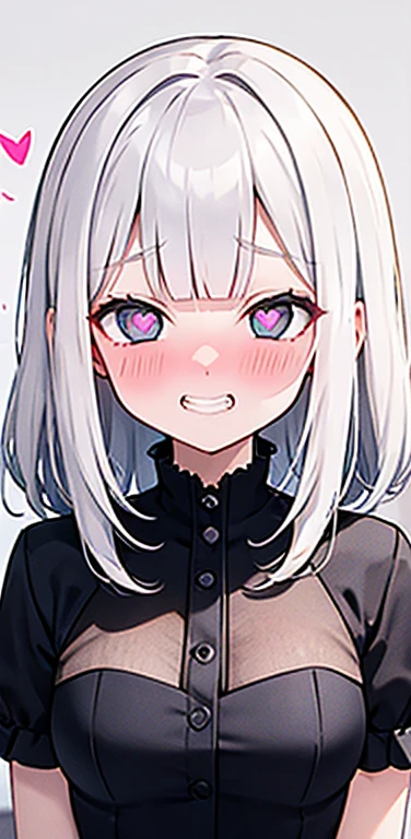 (8K、highest quality、masterpiece:1.2)、Super detailed、super resolution、Realistic、(1girl)  、(white hair)、(blunt bangs:1.5),RED eyes、(face focus,upper body),(glowing eyes:1.4),(sundress:1.3)、(grin:1.3),open mouth、cute face,blush、small breasts,hair ribbon,(simple background),(full-face blush
heart-shaped pupils:1.5)
