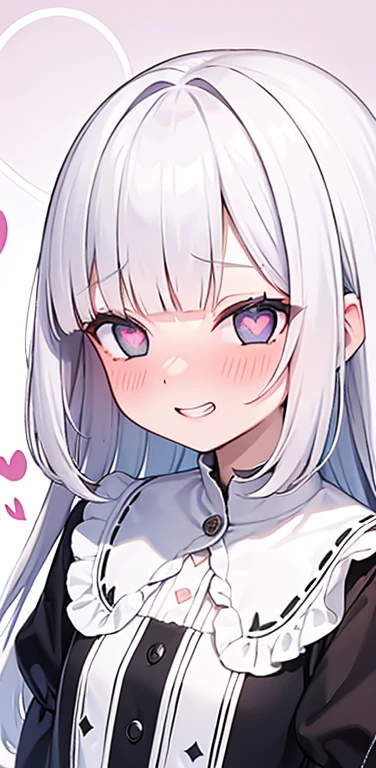 (8K、highest quality、masterpiece:1.2)、Super detailed、super resolution、Realistic、(1girl)  、(white hair)、(blunt bangs:1.5),RED eyes、(face focus,upper body),(glowing eyes:1.4),(sundress:1.3)、(grin:1.3),open mouth、cute face,blush、small breasts,hair ribbon,(simple background),(full-face blush
heart-shaped pupils:1.5)
