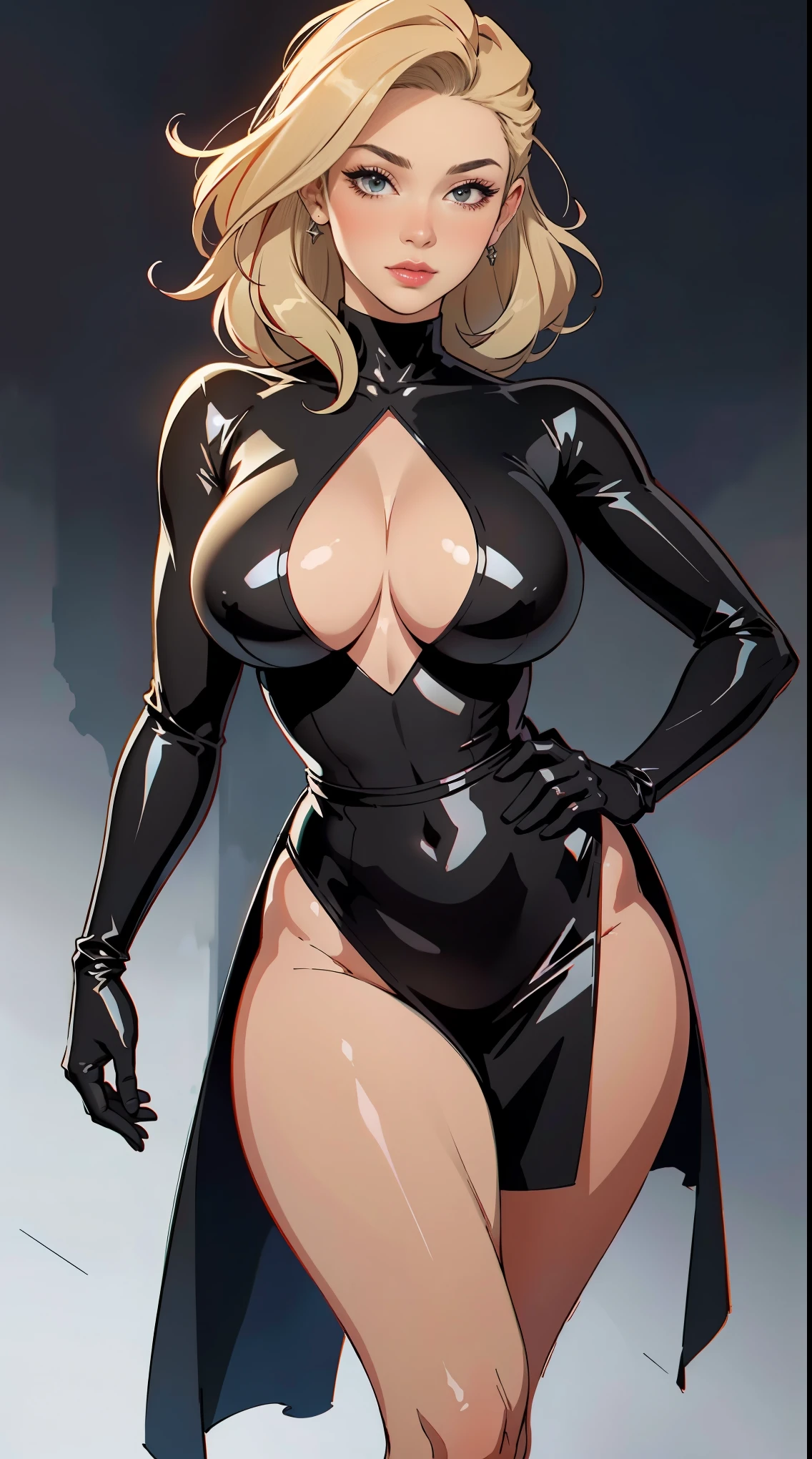 In the style of Frank Cho, Full body, 20 year old - Cany Barbi, Sexy busty bimbo, seductive, red lips, stylish blonde hair, glowing skin, makeup , ((black latex top, plaid skirt, skintight)), ((perfect smooth skin, enormous fake biggest breasts:3.2 tight cleavage:2, tiny waist, toned legs)), (photorealistic, photo, masterpiece, realistic, realism, photorealism, high contrast, realistic skin texture, best quality, ultra high res, sexy pose