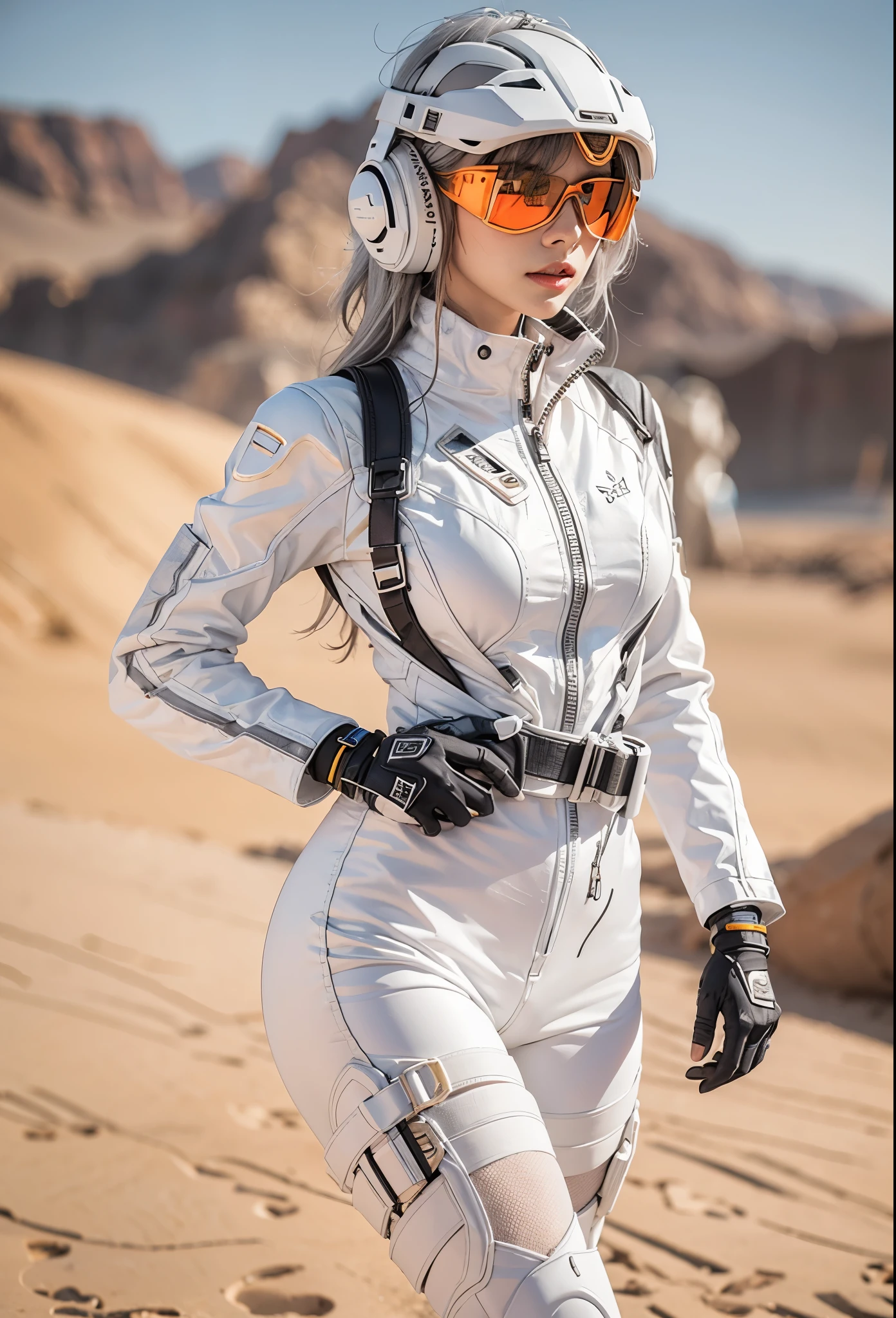 Cyberpunk Desert Nomad,
Sleek White Bodysuit,
Adorn in a sleek white bodysuit crafted from high-tech materials, featuring strategic paneling and integrated technology for both style and functionality in the cyberpunk desert landscape,
BREAK
Utility Belt and Harness,
Equip with a futuristic utility belt and harness in matte white finish, equipped with pockets, pouches, and compartments for storing essentials and gadgets needed for survival in the harsh desert environment,
BREAK
Knee-High Boots with Tech Accents,
Step into knee-high boots with sleek lines and tech accents in a pristine white hue, providing stability and protection against the elements while exuding cyberpunk flair,
BREAK
Goggle Visor and Headset,
Wear a goggle visor and headset with built-in augmented reality display and communication features, offering enhanced vision and connectivity in the vast expanse of the cyberpunk desert,
BREAK
Accessorize with Minimalist Jewelry,
Accessorize with minimalist jewelry in silver or chrome finishes, such as sleek bracelets, rings, and earrings, adding a touch of futuristic elegance to the ensemble,
BREAK (fog and mist Blurred background, Perfect and beautiful background:1.4), (Inorganic and nostalgic white lighting:1.4), (gray hair:1.4),