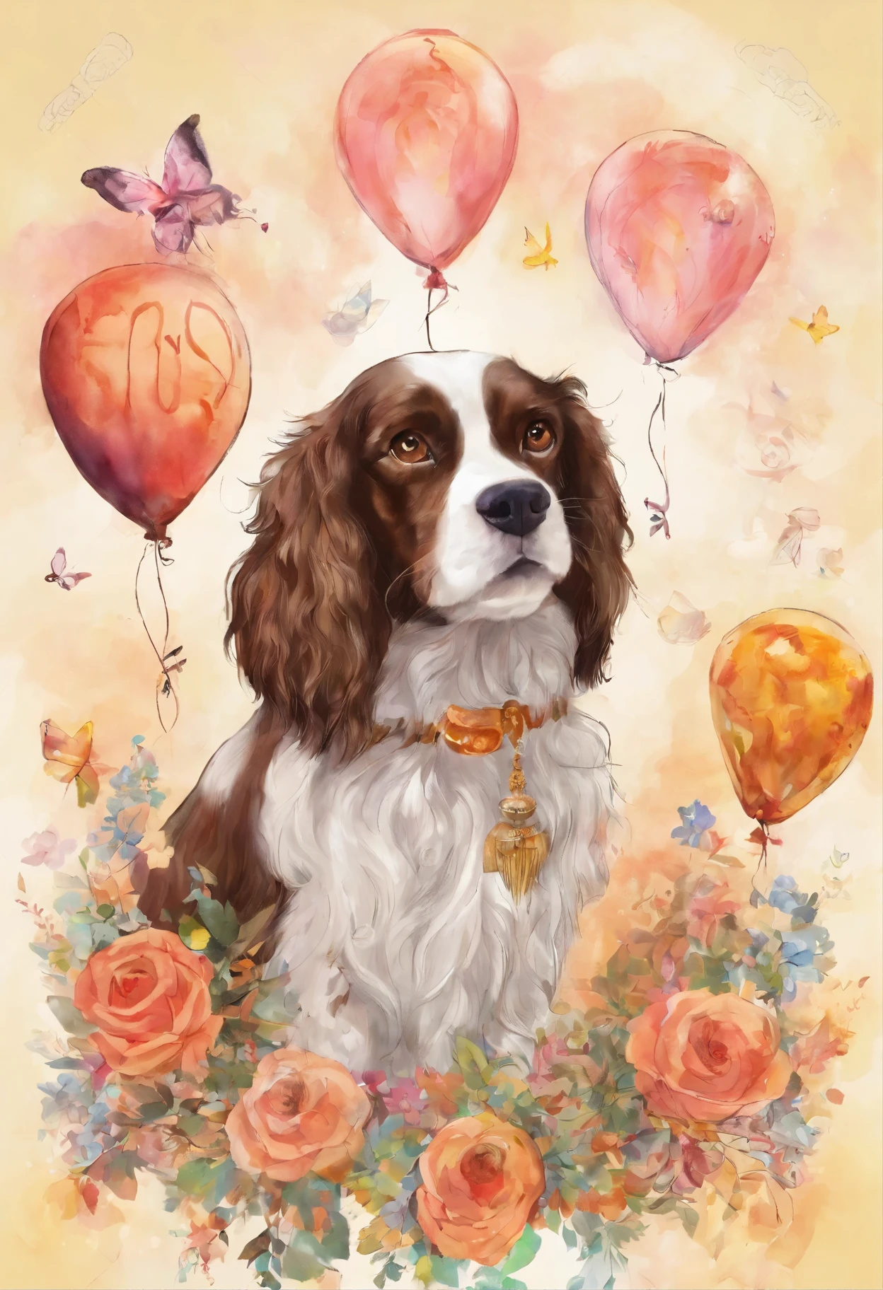 Ellie, dog breed спрингер spaniel, the sun, Vesna, marchen, Balloons, pie, Candles