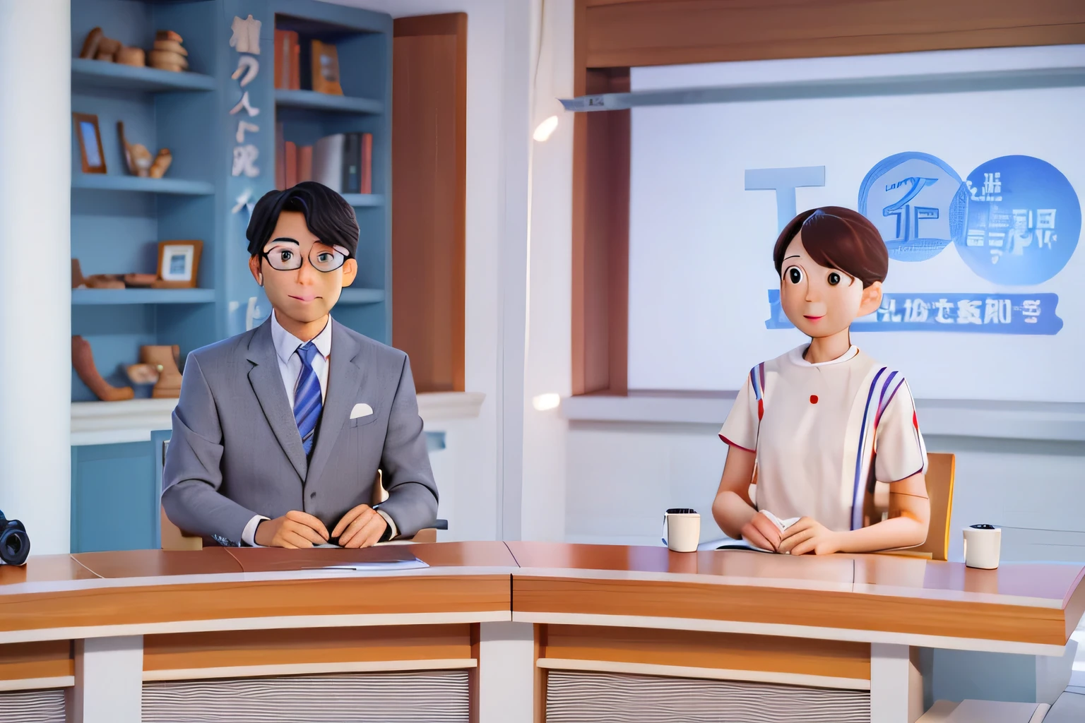 Two people are sitting at a desk in a news studio., japanese tv set show, news program, 夕方のnews program, tv set program, news coverage, kyoto studio, kimi takemura, tv set studio, tv set!, tv set news, zeen chin and terada katsuya, tv set still, advertising image,  talk show, live broadcast、pixar、3D、CG