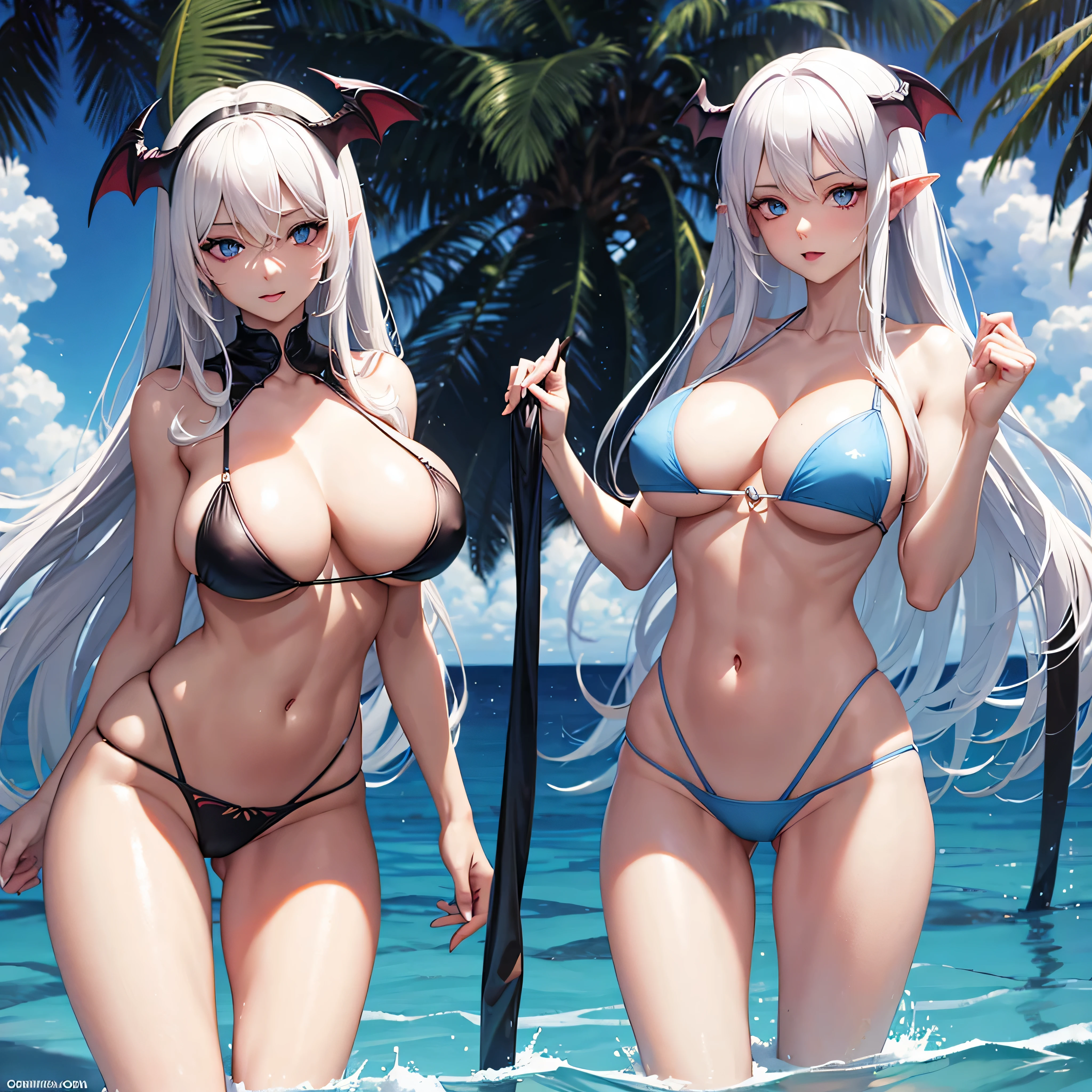 Succubus，long white hair，blue eyes，big breasts ，toned body，bikini