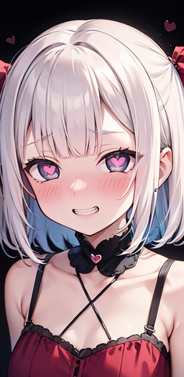 (8K、highest quality、masterpiece:1.2)、Super detailed、super resolution、Realistic、(1girl) 、(white hair)、(blunt bangs:1.5),RED eyes、(face focus,upper body),(glowing eyes:1.4),(sundress:1.3)、(grin:1.3),open mouth、cute face,blush、small breasts,hair ribbon,(simple background),(full-face blush
heart-shaped pupils:1.5)