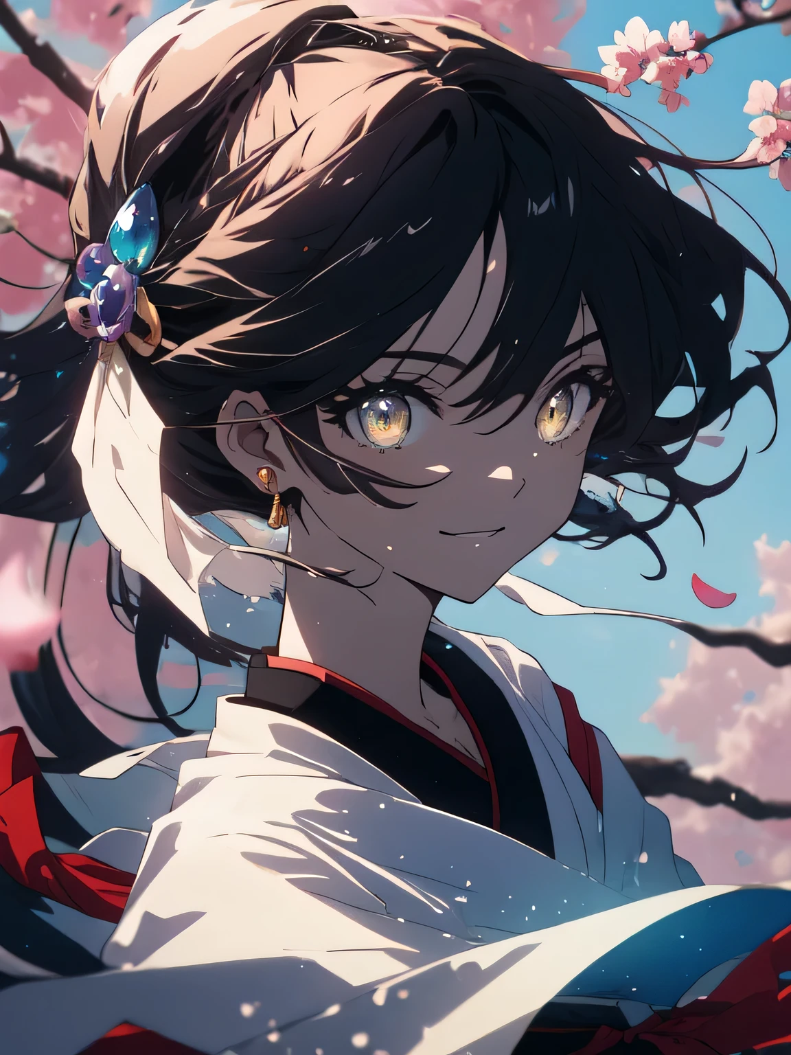 (最high quality、masterpiece、beautiful anime、high quality、be familiar with)、1 girl、(Shining amber eyes)、amber hair、(shiny hair and skin),Onmyoji、smile、cherry blossoms、beauty、anime art、and