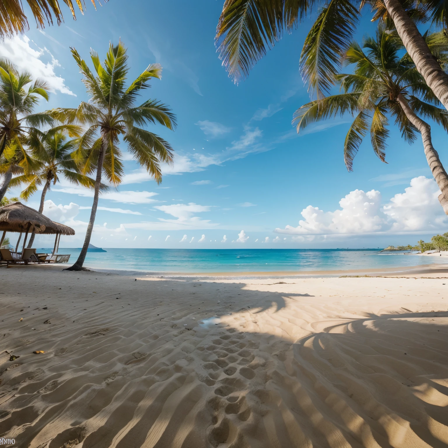 (best quality,4k,8k,highres,masterpiece:1.2),ultra-detailed,(realistic,photorealistic,photo-realistic:1.37), idyllic beach scene, crystal clear blue water, white sandy beach, gentle waves, vibrant palm trees swaying in the breeze, people enjoying the sun, colorful beach umbrellas and loungers, refreshing tropical drinks, sandy footprints leading to the water's edge, golden sunlight casting a warm glow on everything, sparkling reflections on the water, calm and peaceful atmosphere, serene and tranquil, paradise-like setting, perfect vacation getaway, vivid colors, vibrant energy, inviting and relaxing, crisp clear details, lifelike textures.