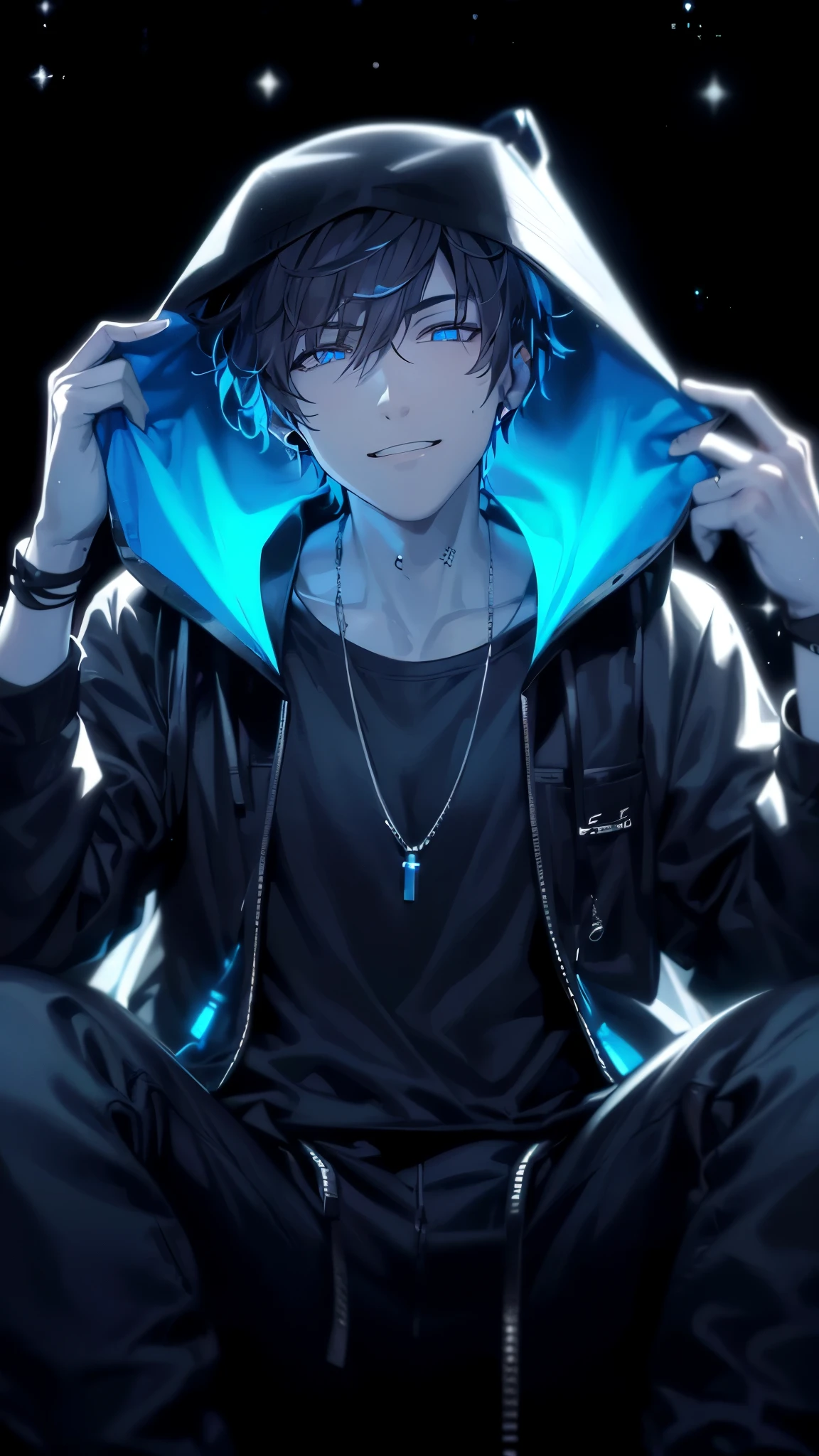 a handsome guy、serious expression、please close your mouth、He is wearing a black hoodie and has his hood up.、cool look、blue neon light、Highly Detailed CG Unity 8K Wallpaper, (super masterpiece, beautiful person, well detailed face polluted smile, It&#39;s photorealistic, hyper realistic)