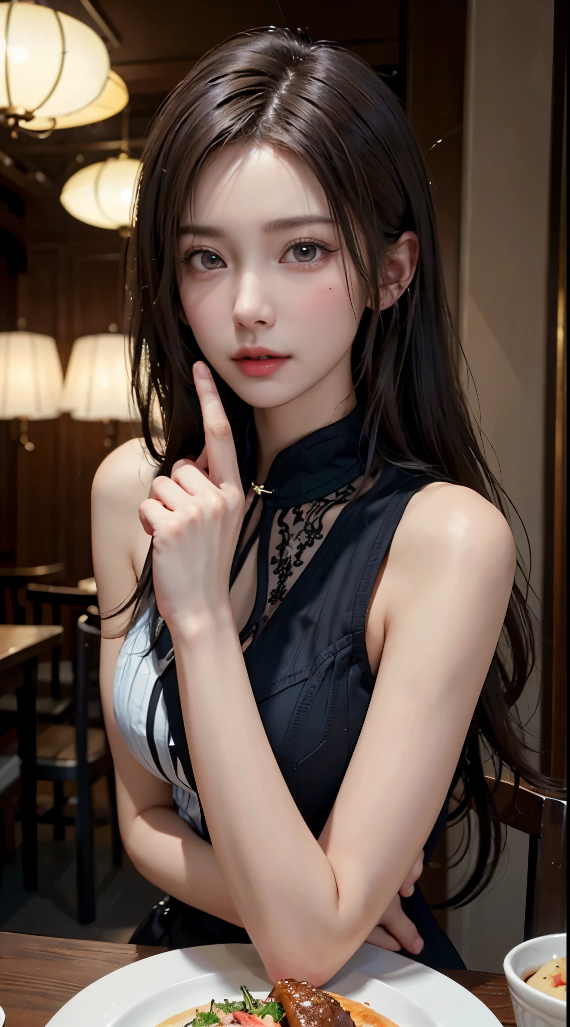 (master paintings),((super detailed)),(High detail CG illustration),(not good at expressing),(best quality:1.2),逼真的 8K 超HD,HD,High quality texture,intricate details,Detailed texture,filigree,high detail,Extremely detailed CG,High quality shadows,Realistic reproduction of faces,A delicate, beautiful and delicate face,Delicate, beautiful and delicate eyes,brown pupils,Perfectly proportioned face shape,depth of field,movie lighting,Hello lens、Ray tracing、perspective、20 years old、prominent nose、elongated face、tall girl、(big eyes:1.2)、blush blush、glossy lips、Perfect body、Slimming、light particles、(thin waist:1.3)、Medium chest,clearly_image,high resolution,(shiny skin),single focus,(brown hair),(exquisite beautiful eyes and detailed face),(Detailed face),(striped hair),Light source contrast,There is a woman sitting at the table,holding a plate of food and a dog, From the new John Wick movie, ville valo, Johnny Silverhand, in john wick movies, portrait of john wick, Keanu Reeves, portrait of keanu reeves, and his hyperactive puppy, John Wick, with dog, New York, new, New York, Mark Simonetti
