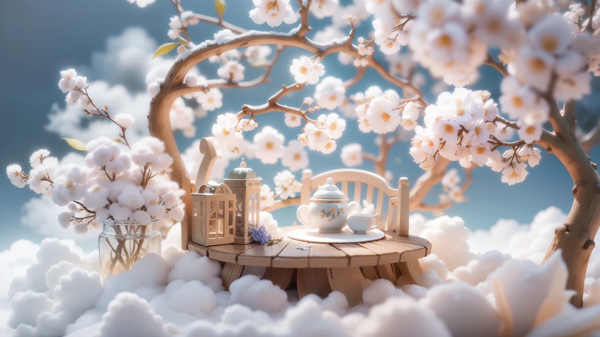 Magic garden miniature scene, delicate white flowers、soft glowing branches、Illuminated by happy smiling miniatures. 8K Autorealist,above the clouds、Lots of white cotton、Cloud Chair、cloud table