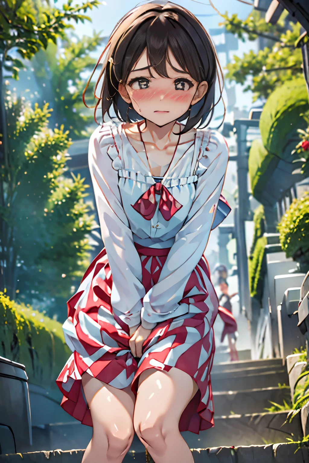 (ultra-detailed, best quality, detailed face, anatomically perfect body), parted lips, shiny skin, (1 girl, have to pee, very desperate to pee, have to pee), street, (smock blouse:1.3), petticoat, (long skirt:1.6), (footwear, asymmetrical lob hair:1.3), (have to pee:1.6), (just before the bladder limit:1.1), (knees together and feet apart, Rub each other's thighs:1.1), (hand between legs:1.5), (leaning forward:1.2), (holding crotch:2), (girl can't stand up straight), (constricted pupils:1.4), (erotic twist of the body:1.8), (sad:1.3), (blush:1.6), (embarrassment:1.4), flowing sweat, (fear), (breathless:1.5), (squint eyes:1.4), (looking away:1.2), (full bod:1.2y), (top of stairs, from below:1.4),