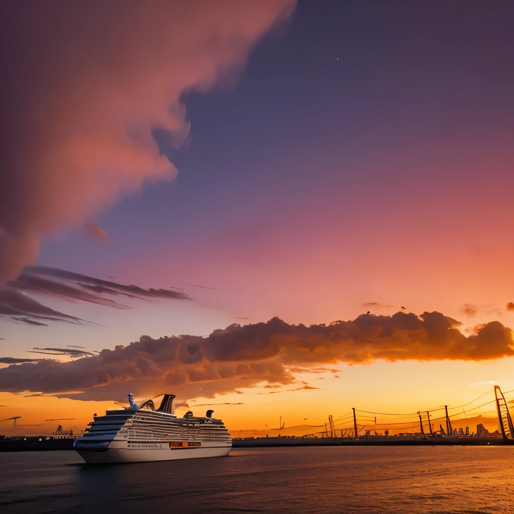 Huge dragon head ship, chinese, cruise ship, gigantic, big dragon, traditional design, sunset, port, orange sky,