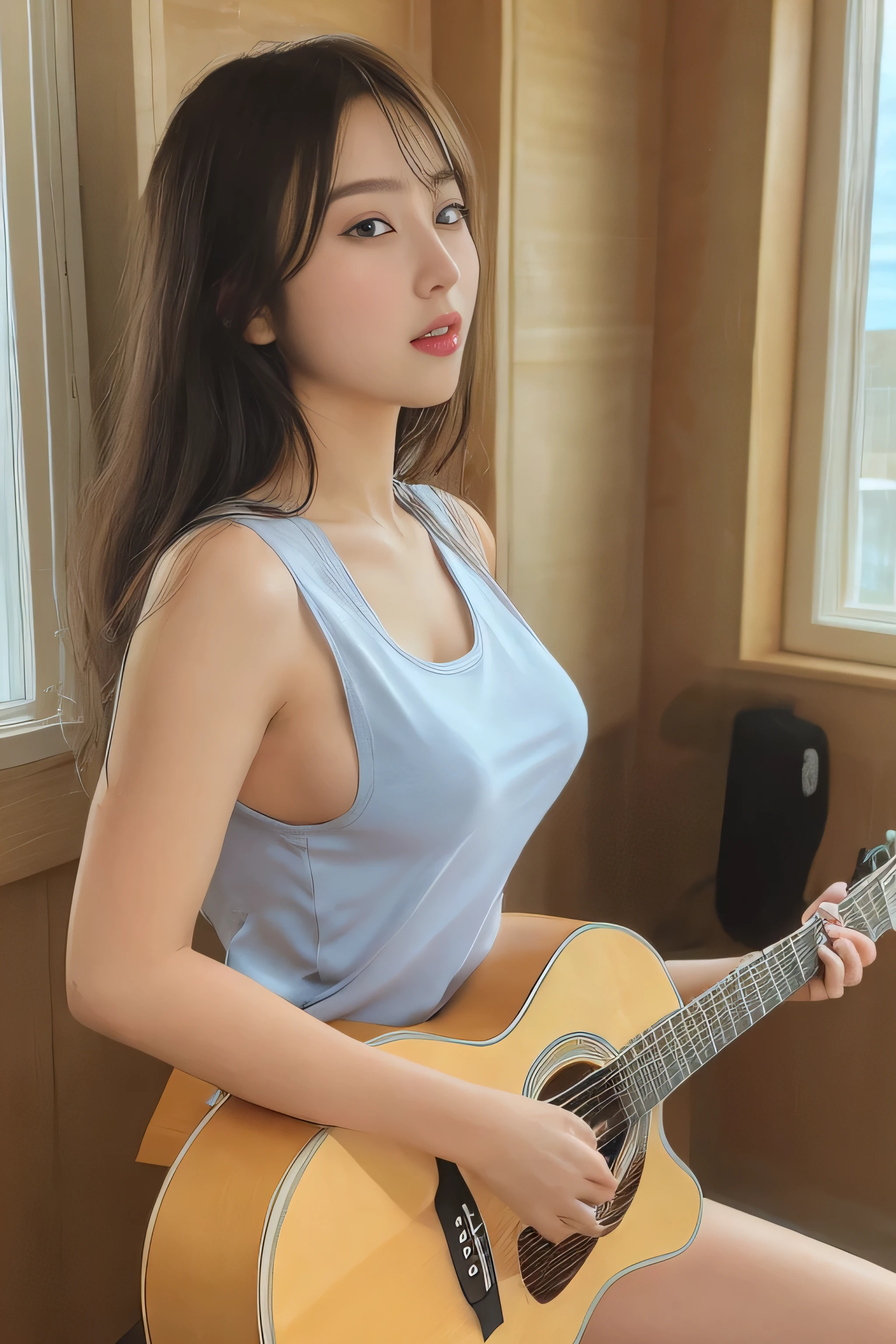 Photo of a Japanese woman wearing white clothes (sheer tank top:1.4) , big breasts, (side boob),  cute, Shyness, , (((thin sexy clothes:1.4))), black hair, (straight short hair), looking at the viewer, realism, video effects, Volume measurement Lighting, Volume measurement Light, Volume measurement, Natural light, advanced details, detailed and complex, intricate details, high intricate details, Huge amount of detailed information, confused, High resolution, medium shot, single shot, shallow focus, lips, medium breasts, detailed shadow, (Playing Acoustic Guitar:1.4), Inside the log cabin, (Blue sky outside the window), (biologically correct), cowboy shot,
  