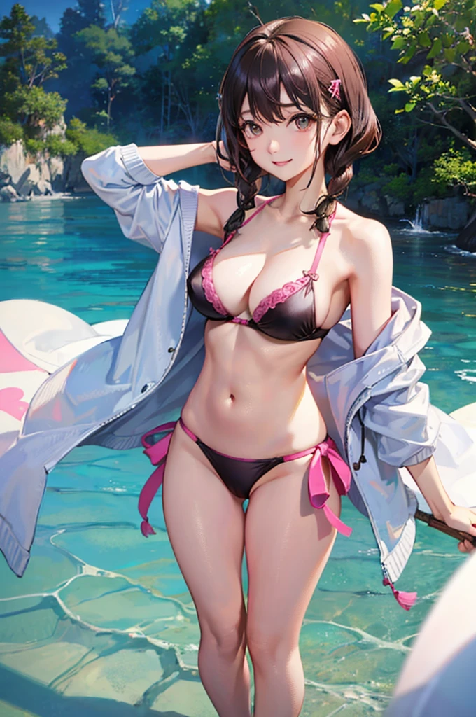 hanekawatsubasa, hanekawa tsubasa,(smile),(with sparkling eyes and a contagious smile),her pink panty pulled by self, long hair, black hair, hair ornament, (brown eyes:1.1), braid, hairclip, twin braids, rimless glasses, brown bikini, outdoors, beach, looking at viewer, (masterpiece:1.2), best quality, high resolution, unity 8k wallpaper, (illustration:0.8), (beautiful detailed eyes:1.2), extremely detailed face, perfect lighting, extremely detailed CG, (perfect hands, perfect anatomy), a girl , Eyes of the Upper Eye,no underwear,(Medium breasts:1.5), naked beautiful,beautiful pussy, realspread pussy, ((Toned abs、Sexy belly、Constricted hips)): "-yeld a g with brown colored hair Wet hair tied back with a red ribbon Her eyes are the same color as her wet hair, pose muy sexy" ,1 girl, short bob hair, brown hair, black eyes with cute, ahoge, large breast, pink bikini, standing, beach background, sea background, wet, drenched, cute small nipple perked out from under bikini, nipple see through bra,