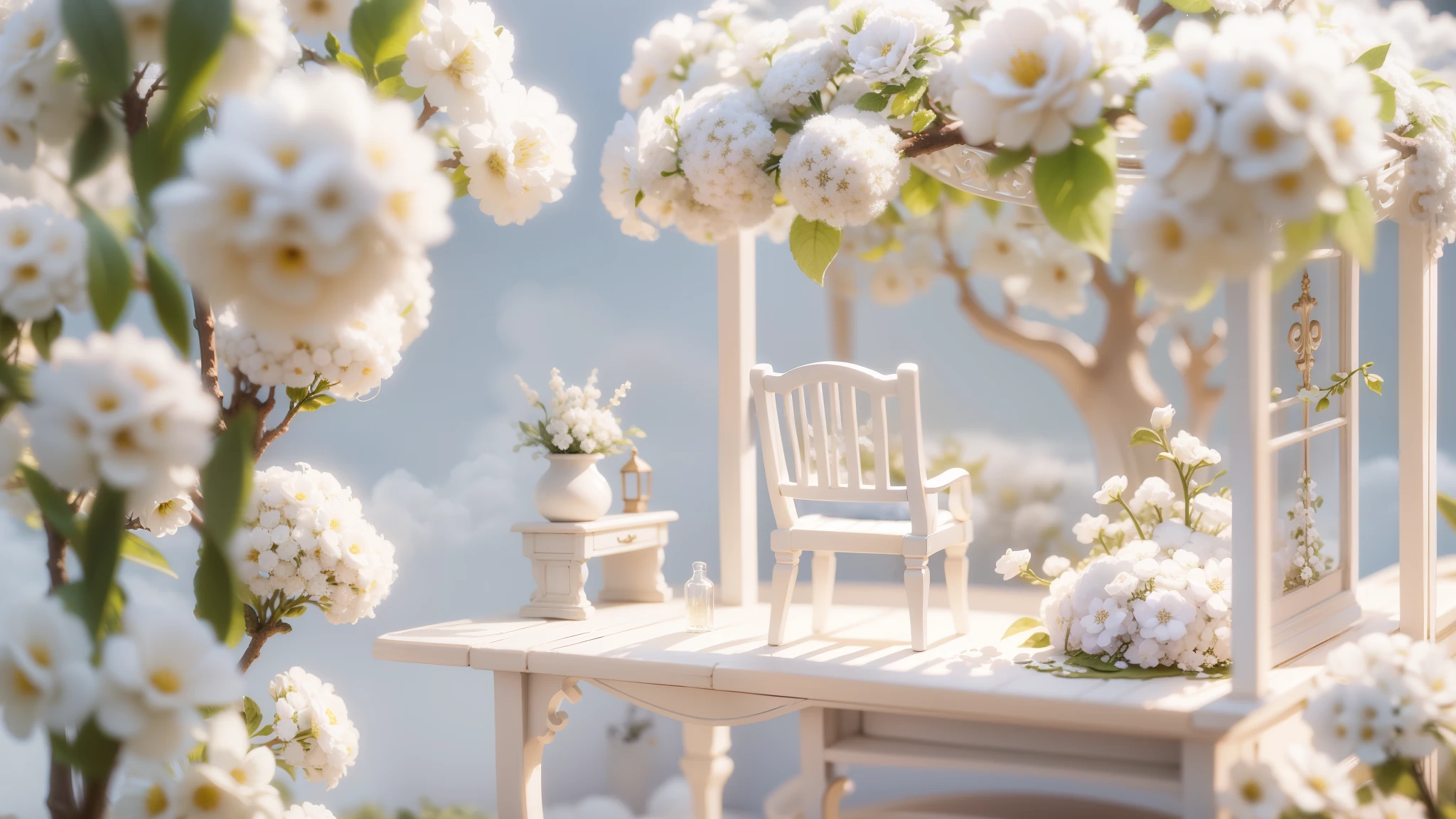 Magic garden miniature scene, delicate white flowers、soft glowing branches、Illuminated by happy smiling miniatures. 8K Autorealist,above the clouds、Lots of white cotton、Cloud Chair、cloud table