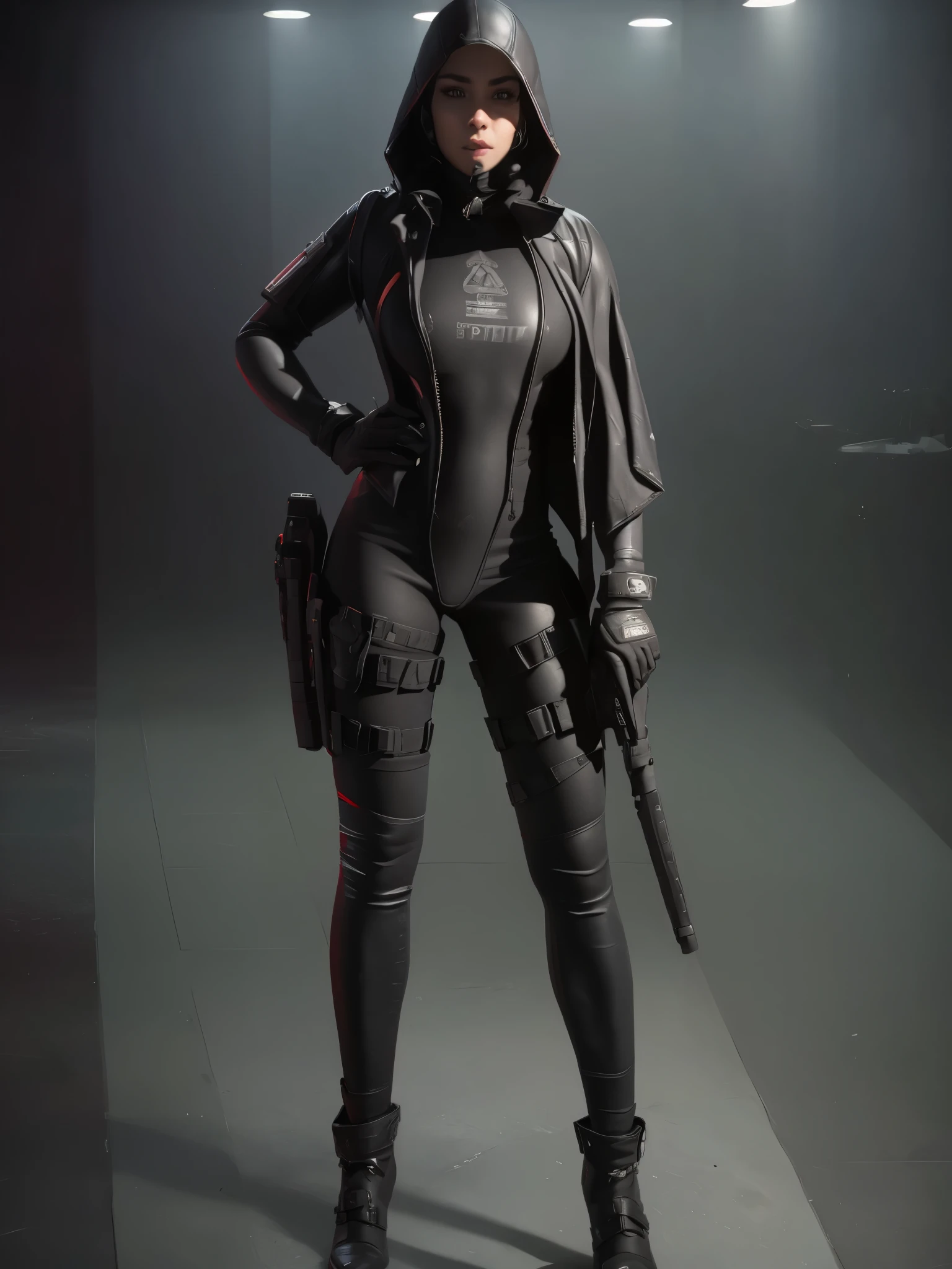 (full body portrait, 1 girl, looking at viewer, highly detailed, anatomy correct:1.4), black gloves, hood on, tactical gear, Sharp focus, black boots, (athletic body:1.3), black jeans,
((Best quality)), ((masterpiece)), Depth-of-field, Multi-layered textures, HDR (High Dynamic Range), Ray Tracing, NVIDIA RTX, Unreal 5, Subsurface scattering, PBR Texturing, Post-processing,
Anisotropic Filtering, Maximum clarity and sharpness, Wide aperture, Low ISO, White balance, Rule of thirds, 8K RAW, (extremely slutty), (Highly realistic skin), sharp image,(ultra detailed), (beautiful face), (extremely high quality artwork),
