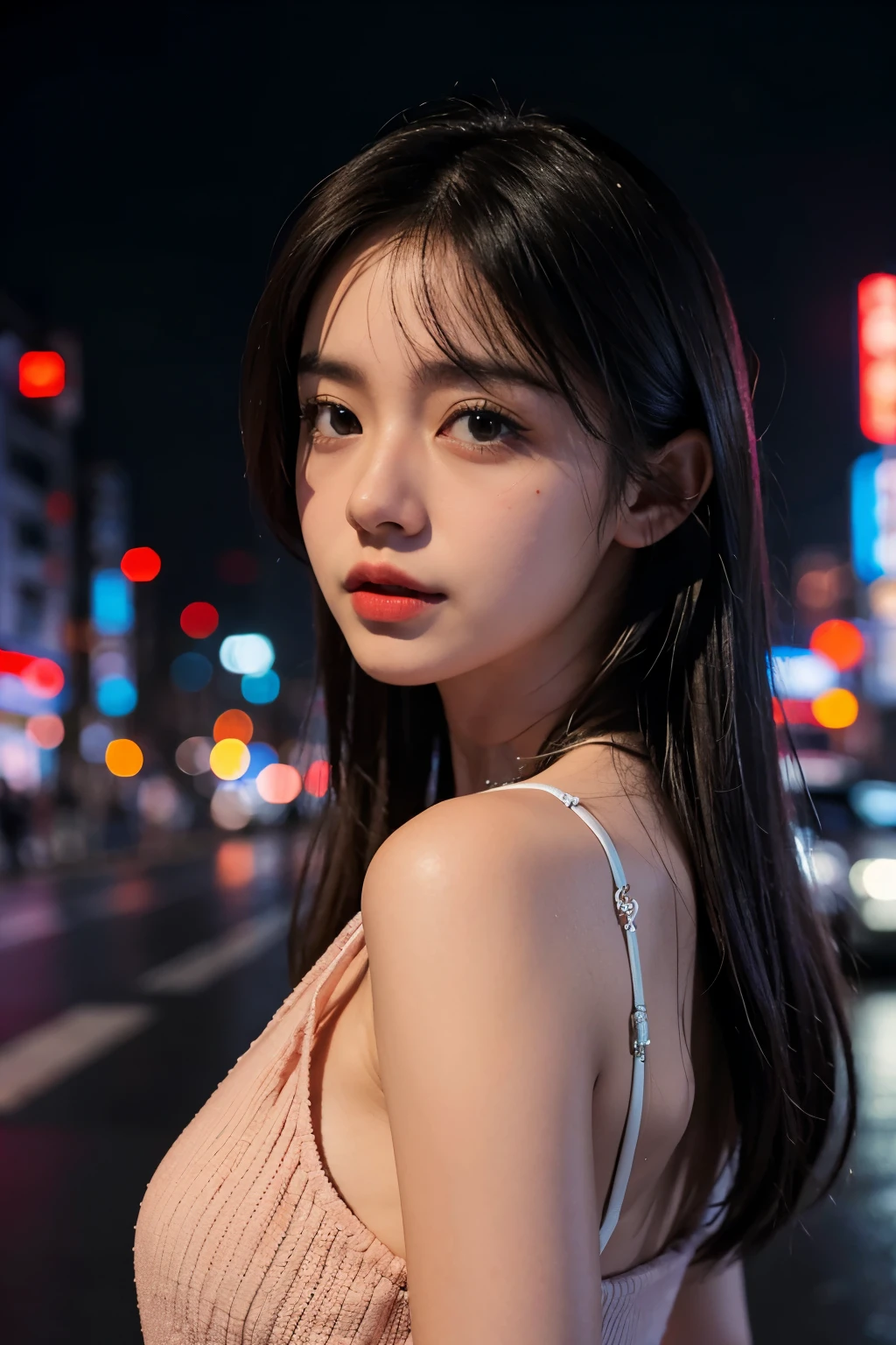 1girl, Tokyo street,night, cityscape,city lights, upper body,close-up, 8k, RAW photo, best quality, masterpiece,realistic, photo-realistic,