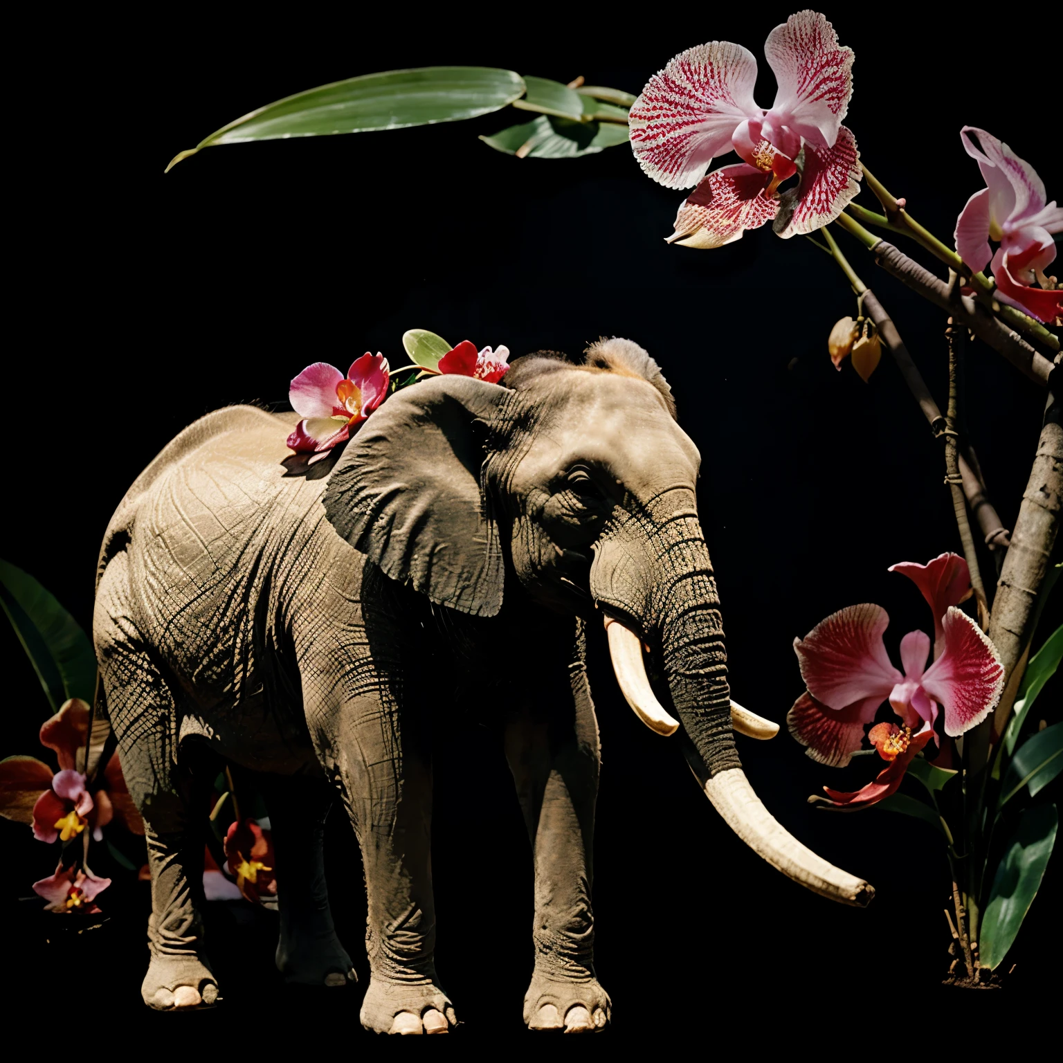 An elephant with a macaw on a black background with red flowers and orchids