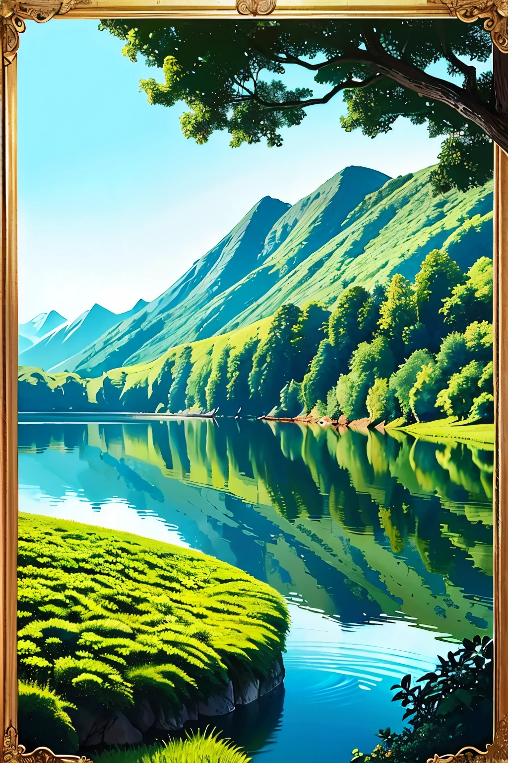 Gold and azure hues gracefully blend in this exquisite painting, depicting a grand mansion nestled among the rolling hills and shimmering waters. Situated before a dark cyan mountain range, the composition unfolds in the intricate and detailed style of a handscroll.
Flora and fauna are naturalistically rendered, each element showcasing the artist's masterful precision. Delicate flowers bloom in vibrant colors, their petals unfurling with lifelike details. Trees, adorned with lush foliage, sway gently in the breeze. Animals roam freely, their forms expertly captured with striking realism.
In the foreground,