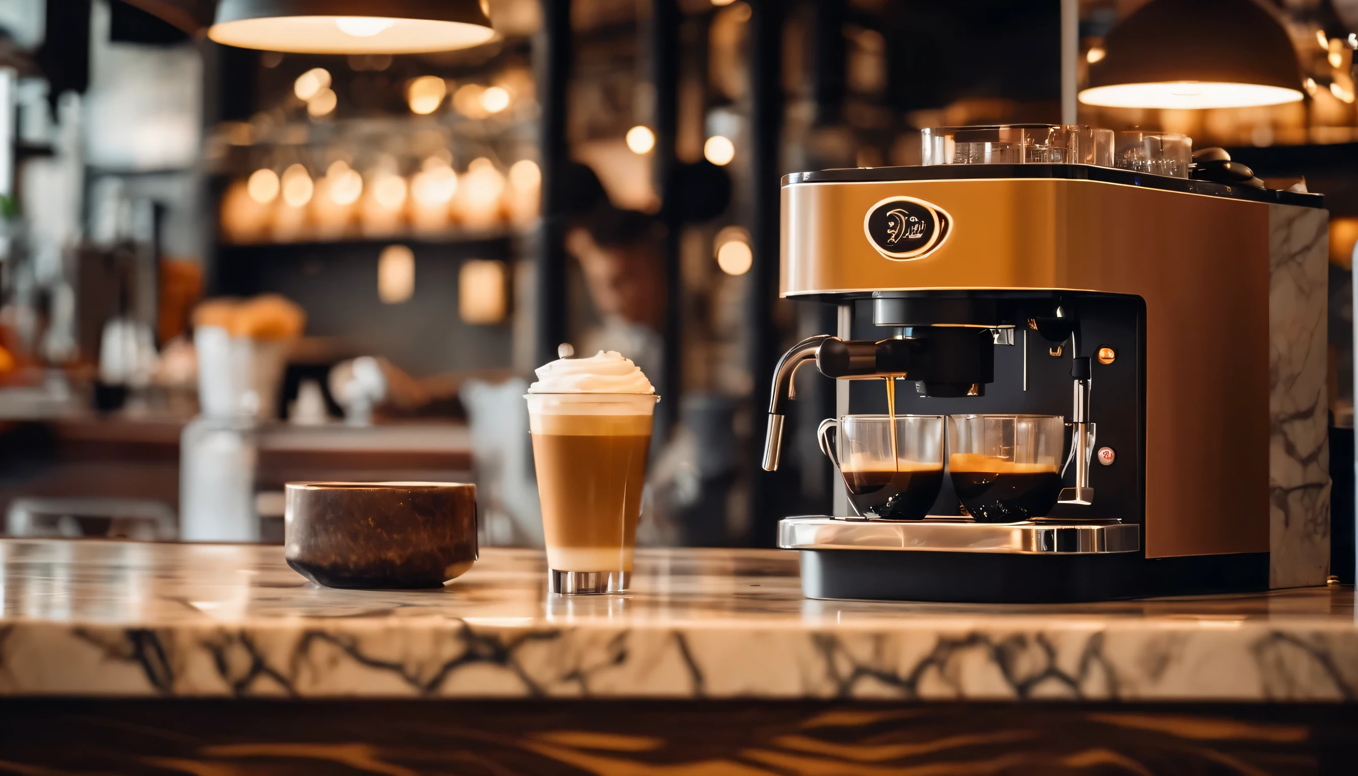 Marble table at foreground, middle is empty, coffee bean, Maize, 3 caramel cube stacking on the left of marble table, barista espresso machine with no coffee inside on the right of marble table ,hipster cafe pantry setting at background, barista working at the background, warm lighting, frontal view, ultra wide shot, 8k detail, real photo