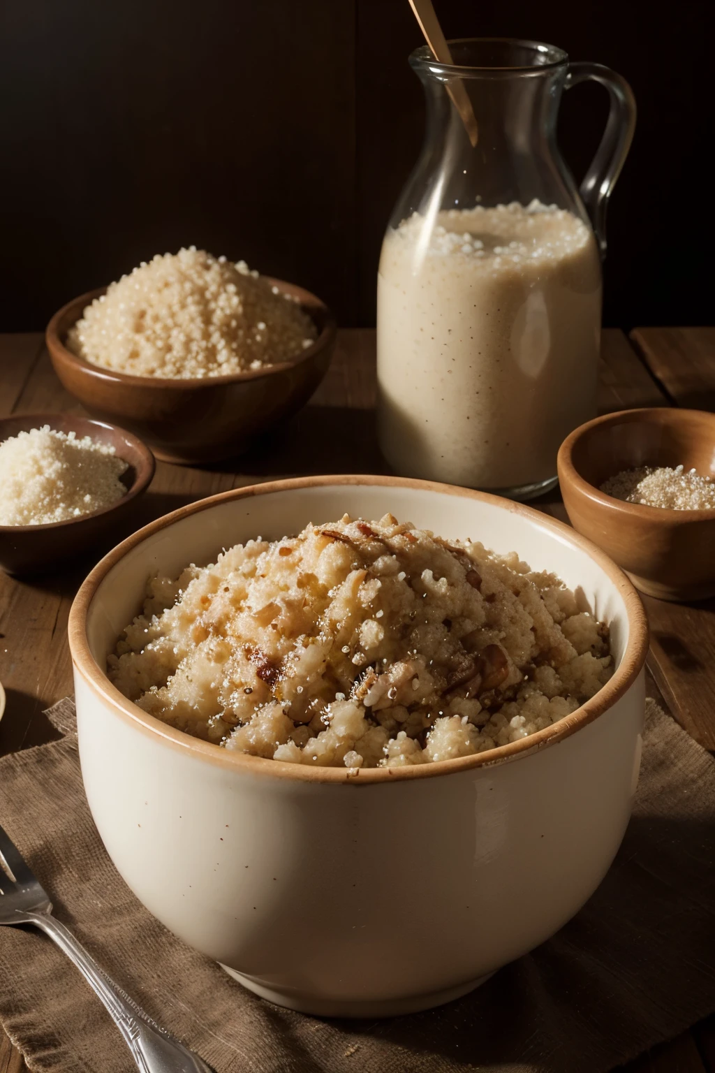 (Best quality, high resolution, ultra-detailed: 1.2) Photograph of a delicious cup of perfectly cooked quinoa in a beautifully designed container, meticulously prepared for cooking. HDR technique enhances the vibrant colors of the nutritious grains. The container showcases intricate details, highlighting the craftsmanship involved in its creation. The lighting accentuates the golden tones, giving the image a warm and inviting atmosphere. Every grain of quinoa is visible, showcasing the extraordinary level of detail captured in this masterpiece of culinary photography. The composition emphasizes the exquisite presentation, making it a feast for both the eyes and the taste buds.