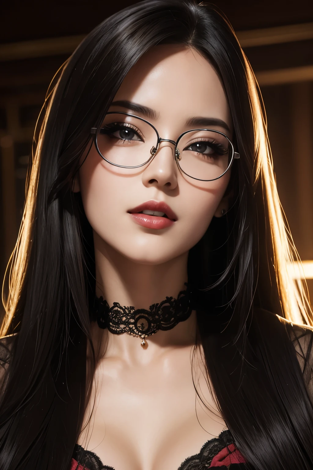 portrait of sexy mature woman, rimless glasses, long straight hair, choker, bright lipstick, orgasm, emotion, ahegao, passion, asphyxiation, close up portrait, high detailed image, masterpiece, oil painting, big breasts