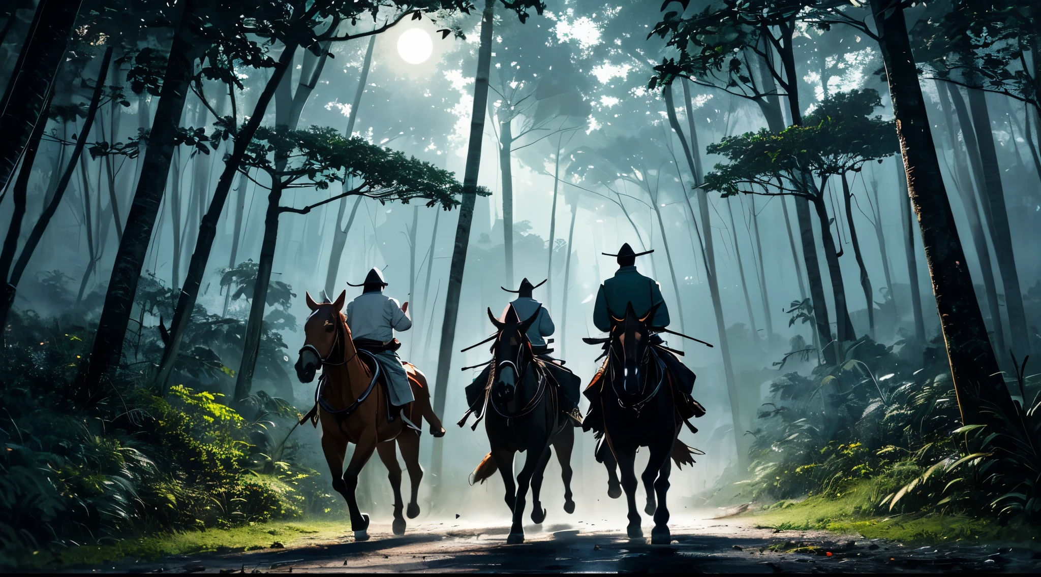 (masterpiece, best_quality, ultra-detailed, immaculate:1.3), landscape, hunting, chasing, chasing, chasing the beast, hunters, Javanese mans, (night forest:1.5), Dark ambiance, Japanese night forest landscape background