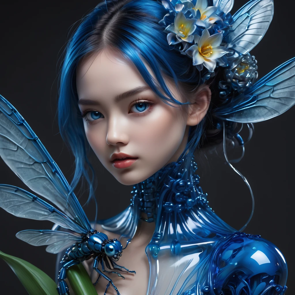 High Resolution, High Quality, Masterpiece. Hyperrealism. The winner is 35awards. Glass sculpture evoking Dale Chihuly's style, captured in the essence of a Patrick Demarchelier photograph, featuring an android girl with disproportionately large, dragonfly-like eyes, cradling a dark blue neon acrylic-metal Lily of the valley, glass flowers in hand, surrealist ambiance infused with themes of love, embrace of affection, hyperrealistic interpretation, 32K resolution, studio setting, ultra-HD clarity, rich in vivid hues, pen and ink precision, optimum composition