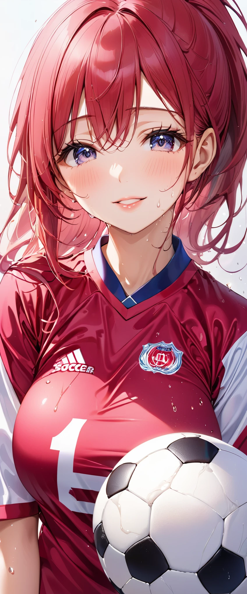 (masterpiece,highest quality,超A high resolution),japanese woman, (((very beautiful 20 year old girl))), pretty girl、look at the photographer、 ((beautiful low ponytail)), super cute face, glossy lips, double eyelids in both eyes,natural smile、 natural makeup, long eyelashes, Shiny and smooth hair、center image, perfect limbs, perfect anatomy,(((soccer uniform)))、(wet with sweat),,big breasts