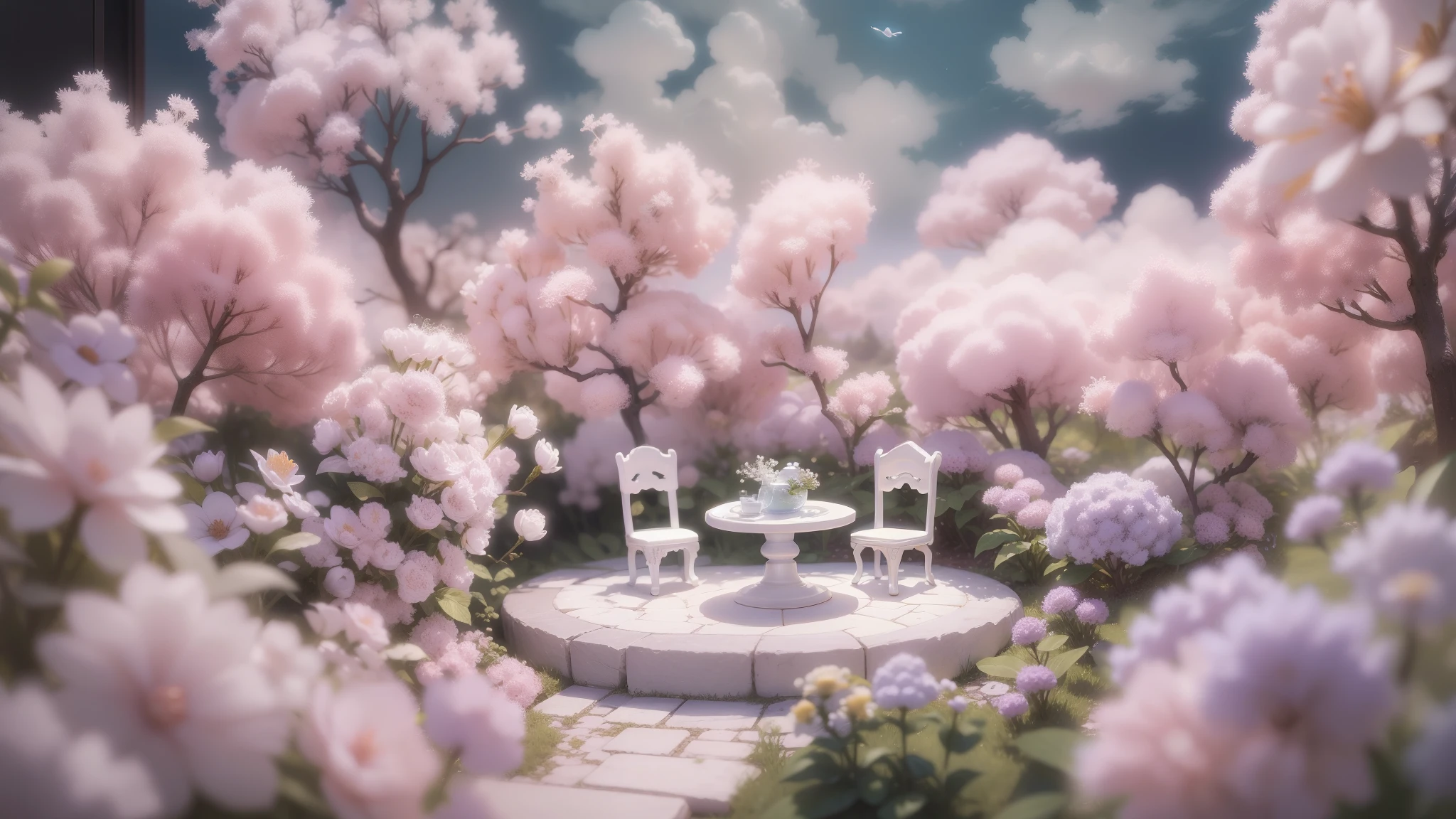 Magic garden miniature scene, delicate white flowers、soft glowing branches、Illuminated by happy smiling miniatures. 8K Autorealist,above the clouds、Lots of white cotton、Cloud Chair、cloud table