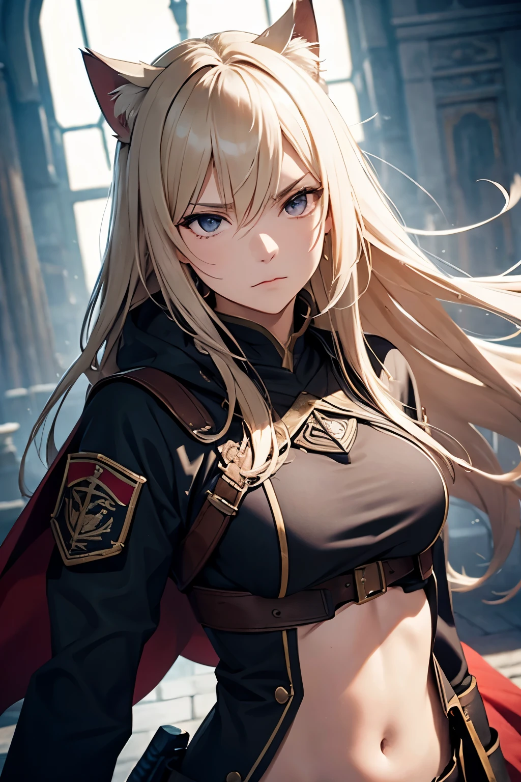 with a girl(assassin)、Blonde disheveled hair、There is a cat ear with a small scar.red eyes、full breasted smart military uniform、Look at me with an angry look、I have a sword in my hand、Inside a castle in medieval Europe、cinematic lighting、High resolution、High level image quality、alone、