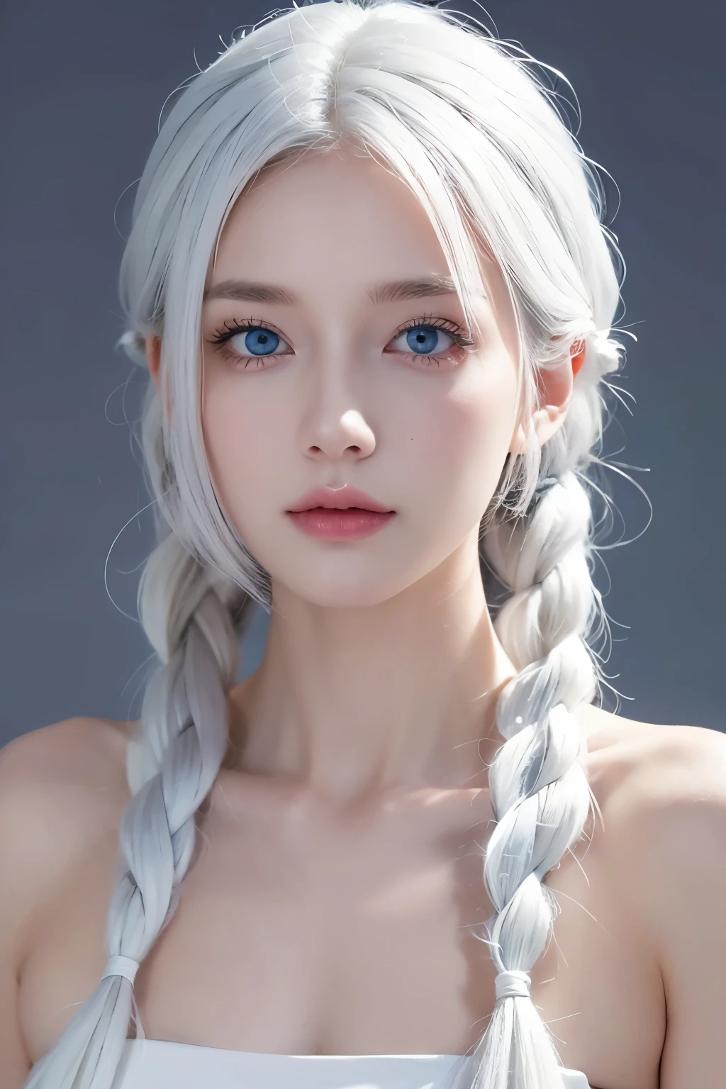 Excellent, masterpiece, white hair, blue eyes, white clothes, upper body, hair, fair skin, side braids, best quality