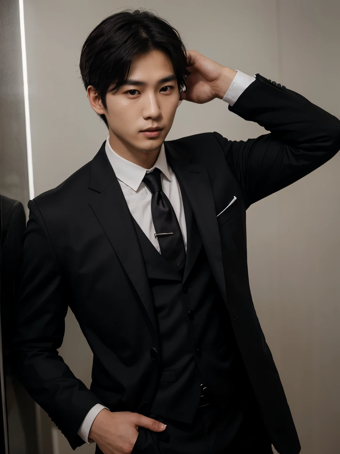 a handsome 27 year old Korean young man wearing a black suit