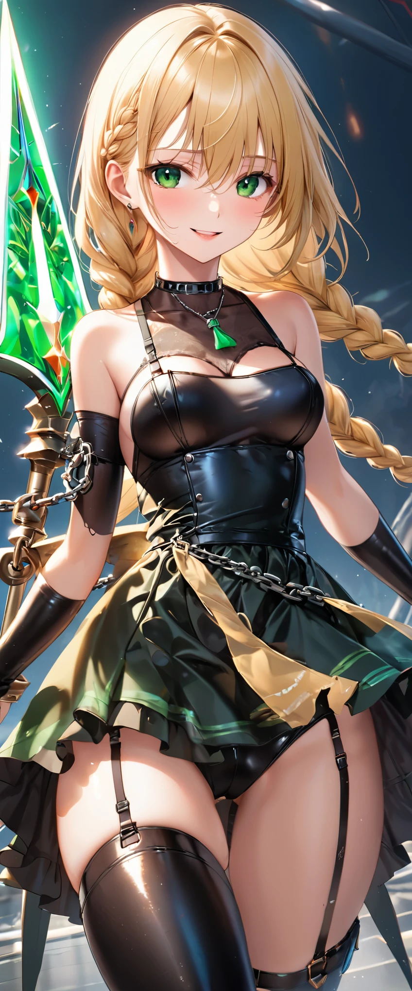 NSFW,master piece,highest quality,super detailed,High resolution,octane rendering,Valkyrie,Blonde hair,Radiant hair,(1 girl),beautiful girl,Beautiful adult face,Female genitals are fully visible, ((detailed female genitalia)),Torn white side tie panties,garter belt,bare shoulders,seductive young woman,female focus,beautiful breasts,whole body,(perfect body),(((black latex dress micro skirt))),((Check out the thru-rack choker and midi ring with chain。。,(blonde single braid),big bright green eyes, Shining eyes beautiful detailed eyes),cute,nice,white skin,faint lips,smile,open your mouth,(hair, realistic:1),stand,holding_arms,silver halberd,spread legs,A girl trembling at sexual climax, juice stains,face turns red,fantasy,Sweat,vapor,(turn around and look back)leather thigh high boots