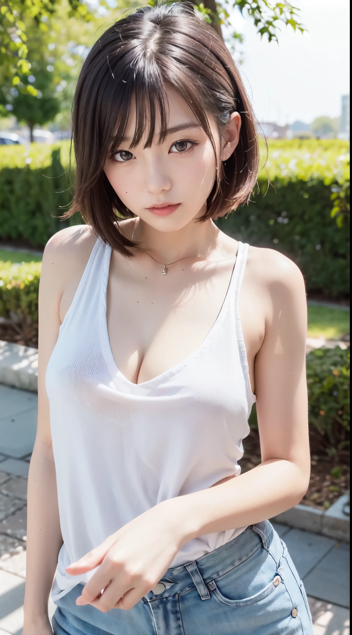 ((((masterpiece, highest quality, High resolution)))), Highly detailed 8K, beautiful girl with sensual body, (ultra hd, super detailed, very detailed, very realistic, Super realistic, realistic pictures), (1 girl:1.5), (realistic white hair), short wavy hair, bob cut, (dynamic pose), towards the camera, light smile, purple eyes, average chest, (beautiful and detailed face, detailed and beautiful eyes), (white tank top, thin material), cleavage, dark jean shorts, shine, Sweat, (sunbeam, sunlight)
