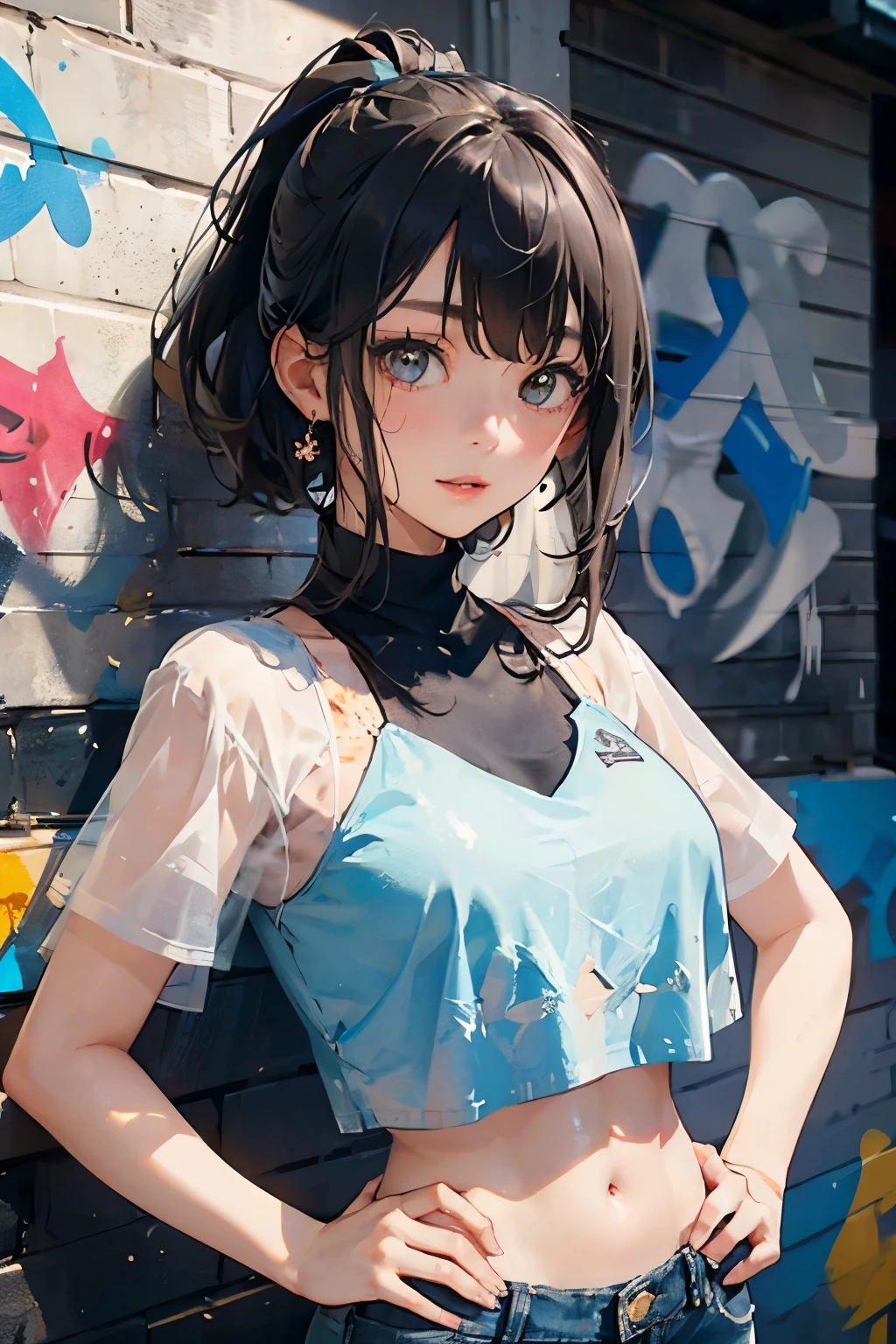 (masterpiece), (portrait), big breasts (aesthetics), ((1 female 21 years old)), Highlight earrings), ((Short hair)), ((Black hair)), Straight hair, Ponytail , eyes wide open , brown eyes, cute, female, woman, feminine, beautiful, female features, top, high quality, aesthetic clothing, professional angle, (rule of thirds), (female), (female), (female), (beautiful), (female features), solo, (attractive Korean), summer, (ink mist), (afternoon), (vibrant light), ((expressive postures)), (hands on hips), ((looking face forward)), ((Energetic)), (Bold make-up), (Big bust), (Confident look), Fair skin tone, (Clothes with hip hop details), (Crop Top), (Denim shorts), (Neckline halter), ((Graffiti Wall Background)), (Medium Shot Shot), beautiful hands, beautiful body, beautiful ears, normal ears, beautiful eyes, bright eyes, beautiful mouth, beautiful lips,