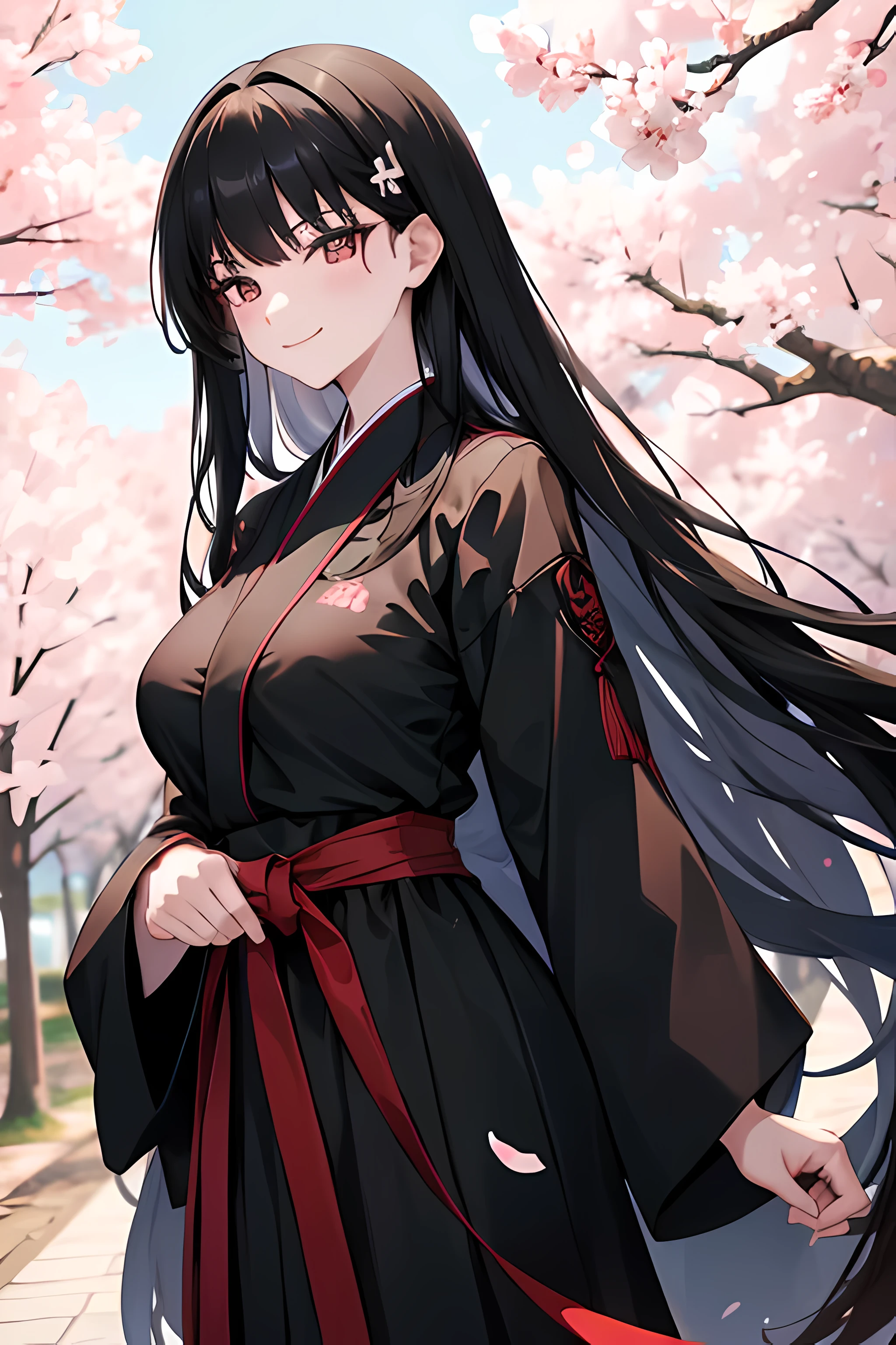 long hair, black hair, Rio, cherry blossom trees in background, wearing black hakama, absurdres, high res, ultrasharp, 8K, masterpiece, sharp detailed black eyes, medium breast, smile