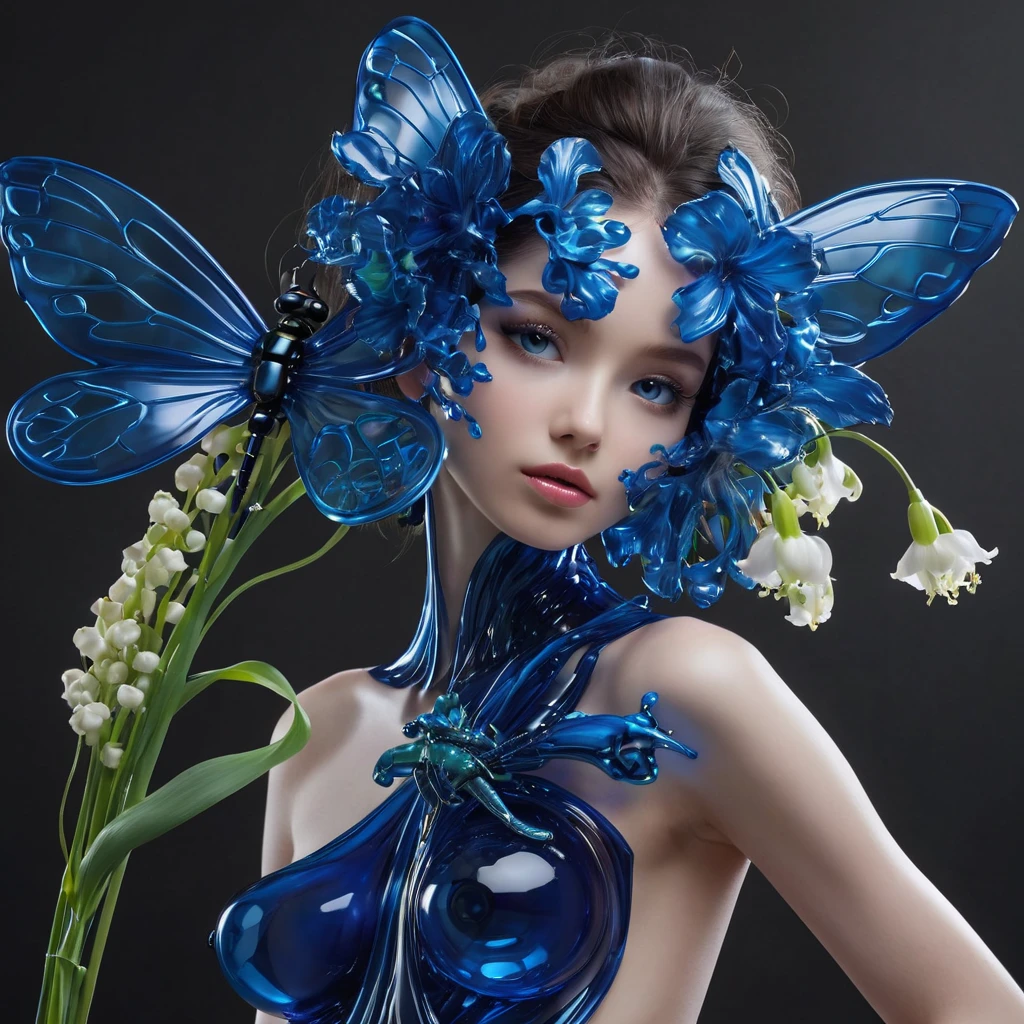 High Resolution, High Quality, Masterpiece. Hyperrealism. The winner is 35awards. Glass sculpture evoking Dale Chihuly's style, captured in the essence of a Patrick Demarchelier photograph, featuring an android girl with disproportionately large, dragonfly-like eyes, cradling a dark blue neon acrylic-metal Lily of the valley, glass flowers in hand, surrealist ambiance infused with themes of love, embrace of affection, hyperrealistic interpretation, 32K resolution, studio setting, ultra-HD clarity, rich in vivid hues, pen and ink precision, optimum composition