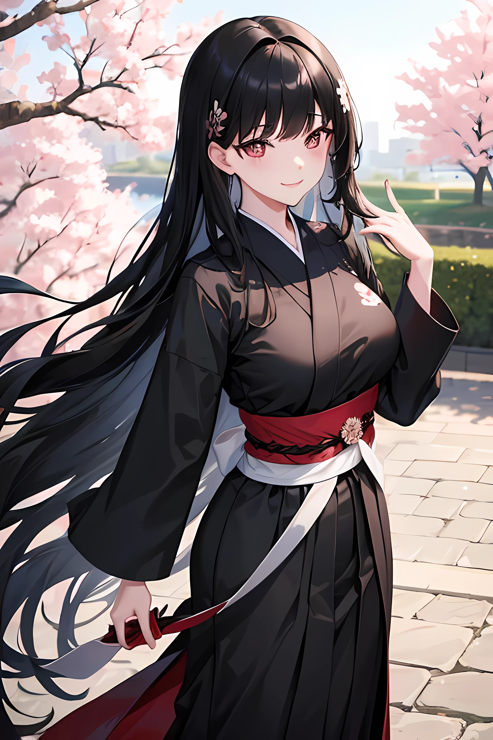 long hair, black hair, Rio, cherry blossom trees in background, wearing black hakama, absurdres, high res, ultrasharp, 8K, masterpiece, sharp detailed black eyes, medium breast, smile