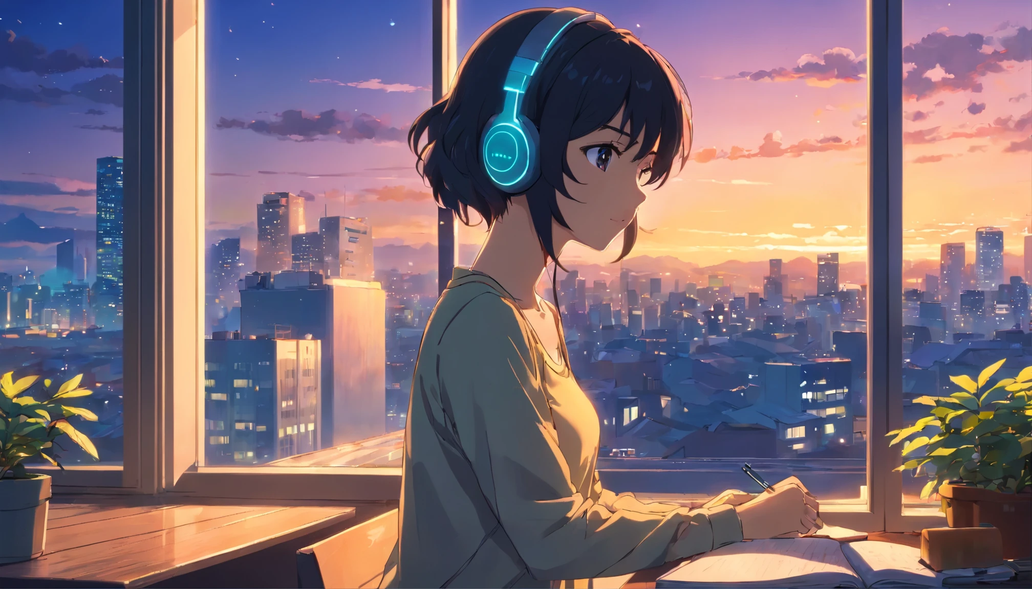 (anime girl with headphones looking out a window at a city), black hair, showing full body, lofi girl, short skirt, Tank-top, midriff-baring outfit, anime vibes, lofi artstyle, anime style 4 k, anime aesthetic, nightcore, lofi feel, lofi art, anime art wallpaper 4 k, anime art wallpaper 4k, anime wallpaper 4 k, anime wallpaper 4k, lofi vibes, studying, have a pen, writing on a notebook, plants in the room, a mug on the table, a lighted thick candle on the table