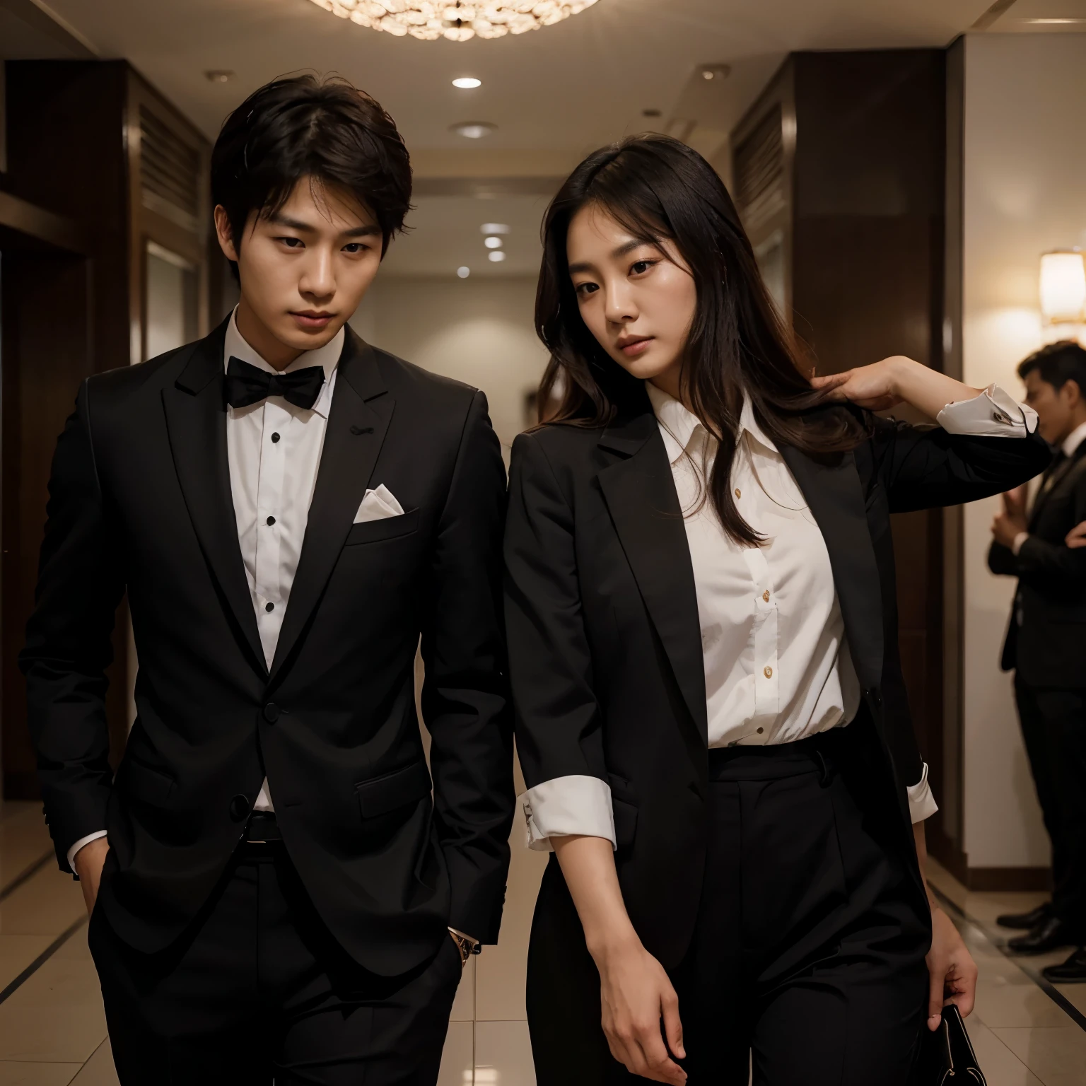 a handsome 27 year old Korean young man wearing a black suit together with a beautiful woman from Indonesia