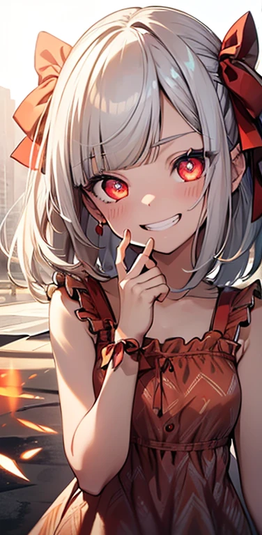 (8K、highest quality、masterpiece:1.2)、Super detailed、super resolution、Realistic、(1girl) 、(white hair)、(blunt bangs:1.5),RED eyes、(face focus,cowboy shot),(glowing eyes:1.4),(sundress:1.3)、(grin:1.3),open mouth、cute face,blush、small breasts,hair ribbon,(simple background),