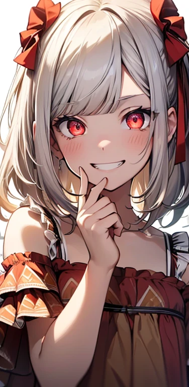 (8K、highest quality、masterpiece:1.2)、Super detailed、super resolution、Realistic、(1girl)  、(white hair)、(blunt bangs:1.5),RED eyes、(face focus,cowboy shot),(glowing eyes:1.4),(sundress:1.3)、(grin:1.3),open mouth、cute face,blush、small breasts,hair ribbon,(simple background),