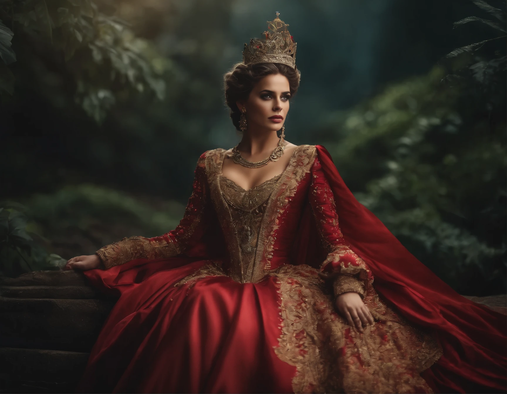 Crie uma imagem de uma rainha com trajes reais, foto realista, textura detalhada, em 8k;
