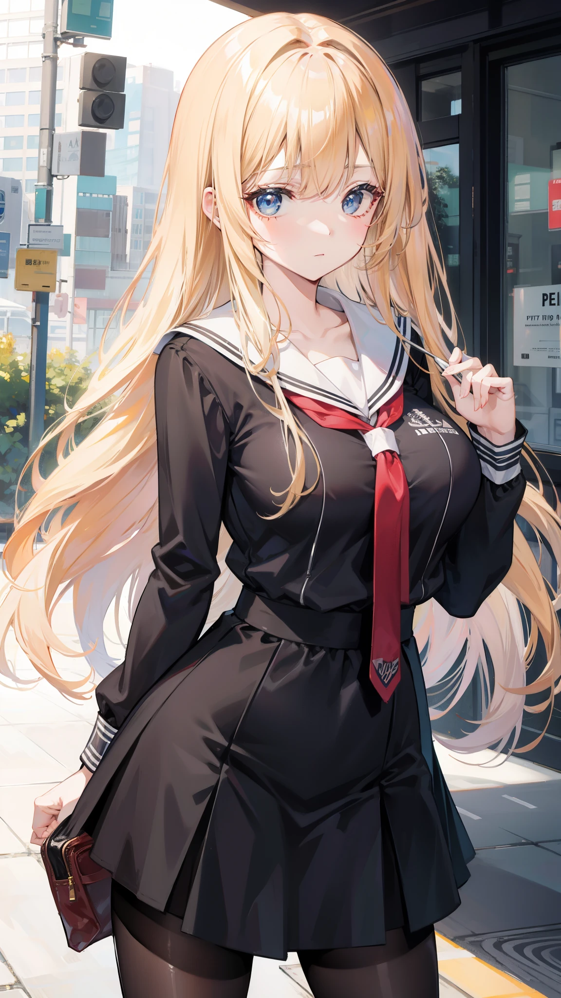 beautiful girl,black pantyhose,Blonde long straight hair,student,(student会),student委员,School corridors,huge breasts,cleavage