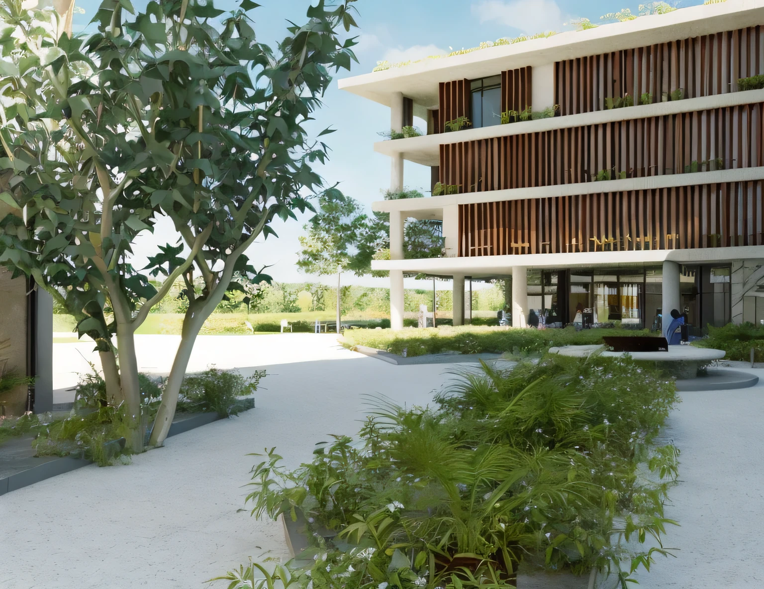 rendering of a courtyard with a tree and a building in the background, medical research facility, architectural render, digital rendering, research complex, architectural visualisation, architectural rendering, a digital rendering, research center, exterior shot, architecture render, office building, ground level view, high render, professional render, sustainable architecture, ground-level view, ground - level view