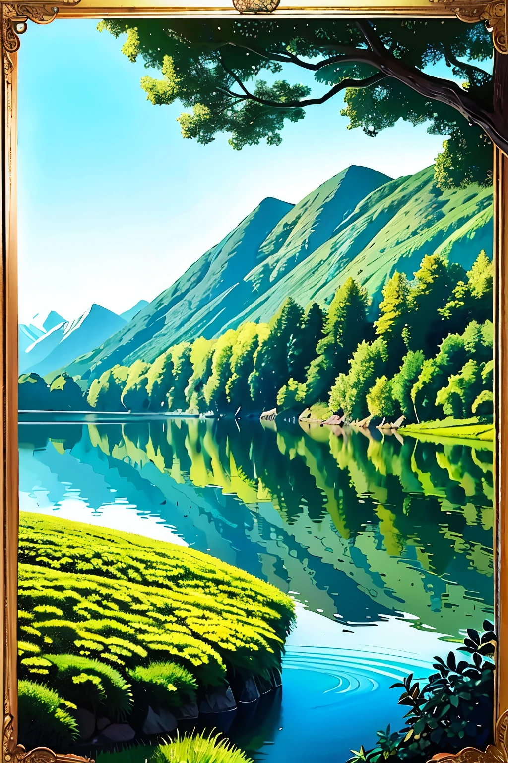 Gold and azure hues gracefully blend in this exquisite painting, depicting a grand mansion nestled among the rolling hills and shimmering waters. Situated before a dark cyan mountain range, the composition unfolds in the intricate and detailed style of a handscroll.
Flora and fauna are naturalistically rendered, each element showcasing the artist's masterful precision. Delicate flowers bloom in vibrant colors, their petals unfurling with lifelike details. Trees, adorned with lush foliage, sway gently in the breeze. Animals roam freely, their forms expertly captured with striking realism.
In the foreground,