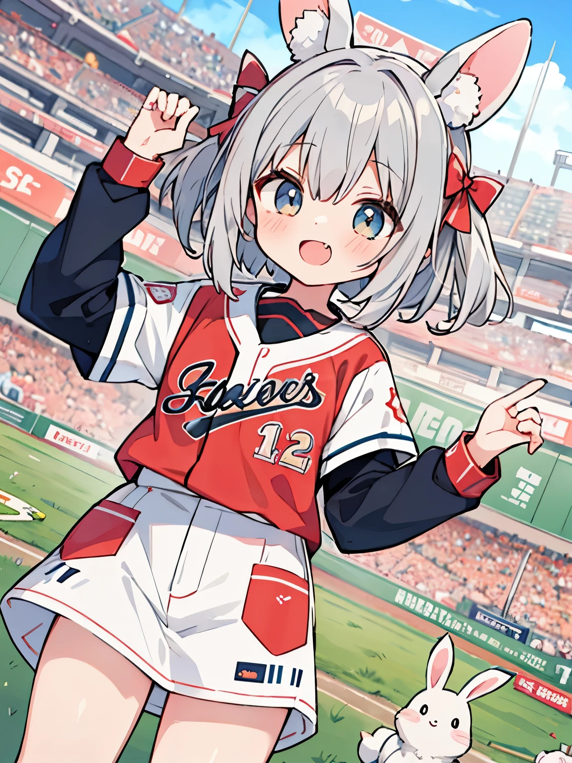 cute, gray hair, baseball, Fukuoka Softbank Hawks, fantasy wonderland, 1 girl, Stinking eyes, Rabbit, dynamic angle, game CG