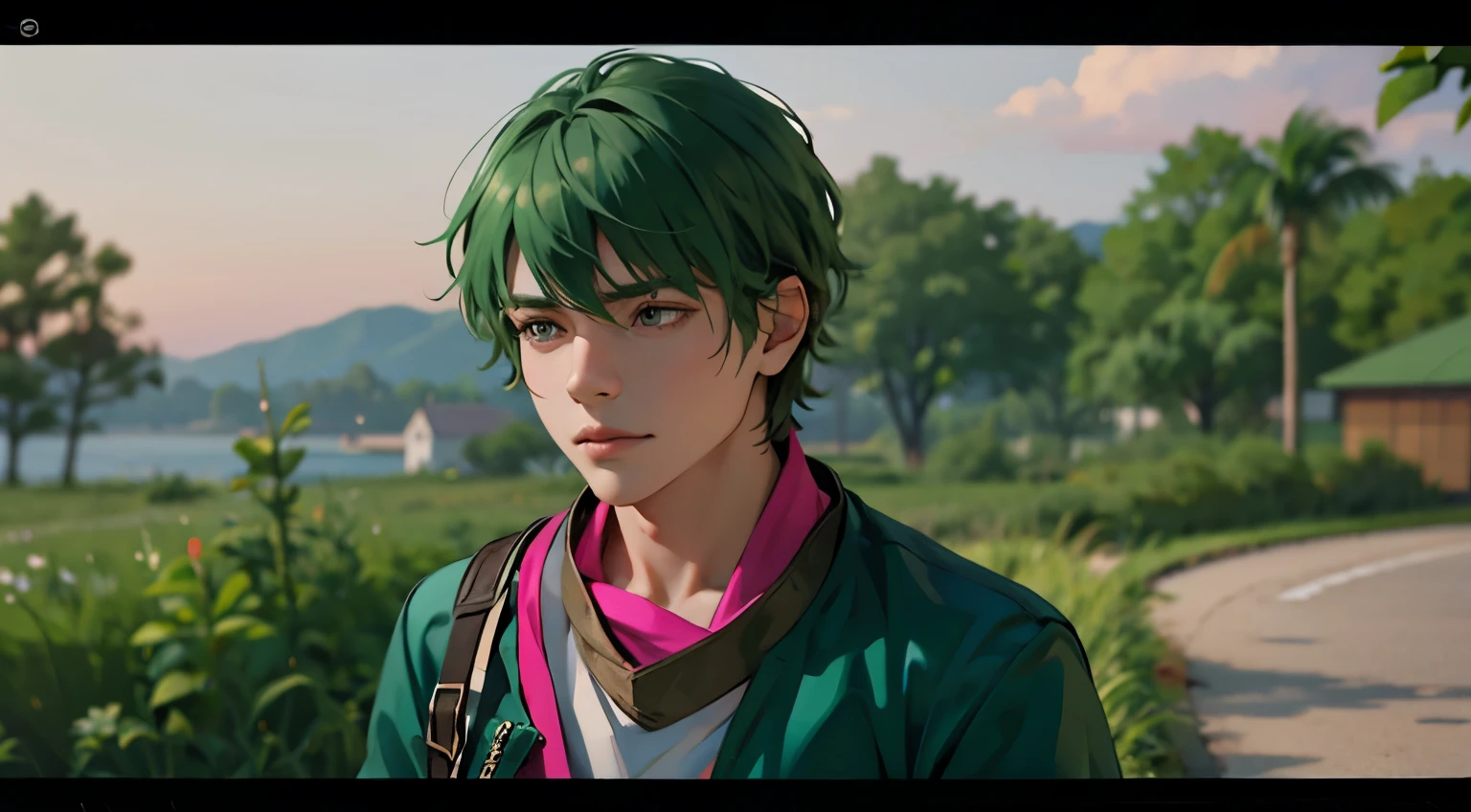 beautiful 16 year old boy thoughtfully trying to remember something he has a brown and purple scarf on