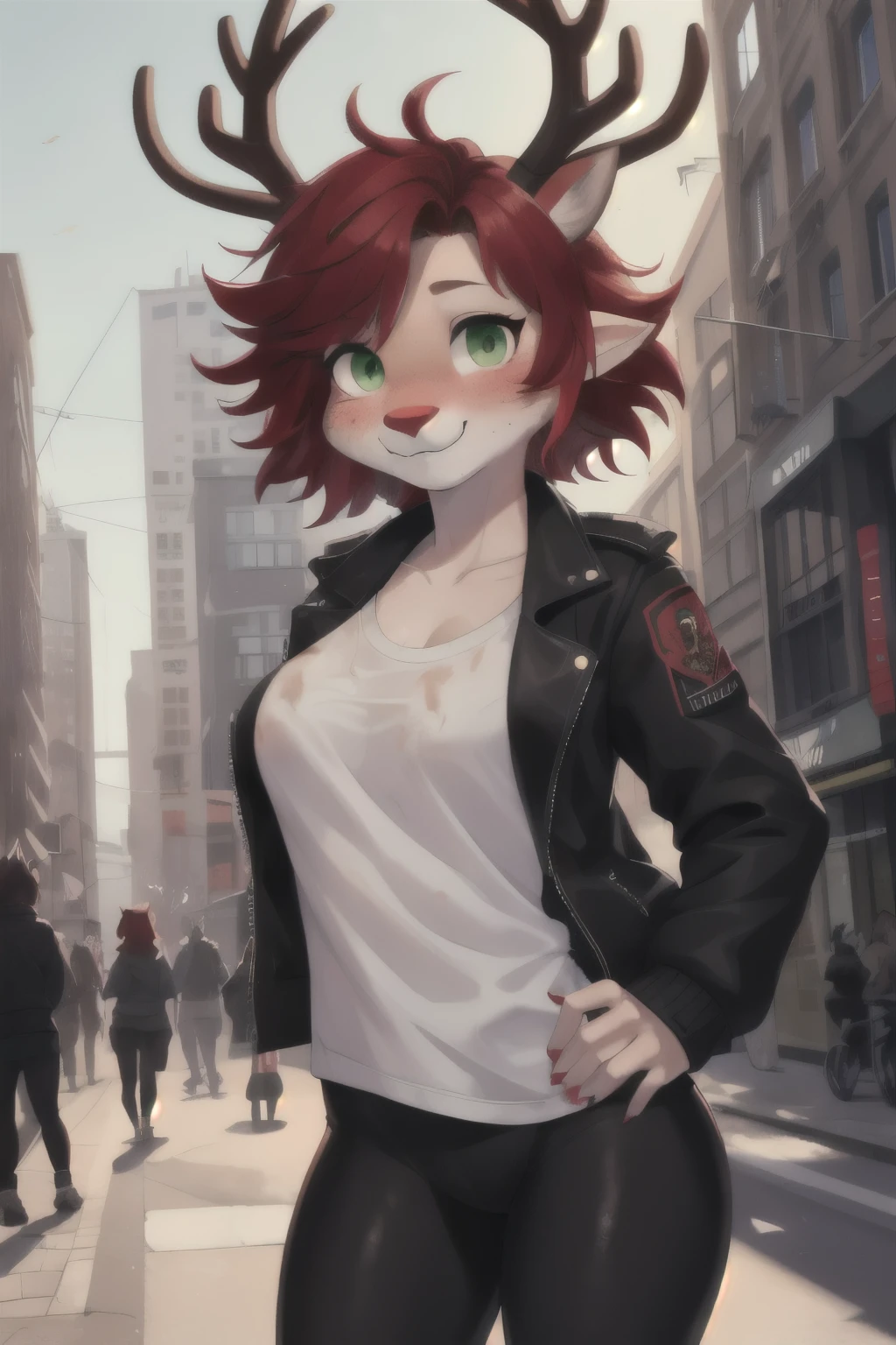 body, whiskers, deer, red hair, (((messy bob hair style))), short hair, fluffy, (antlers), freckles, ((furry)), green eyes, (((blush))), pointy ears, red nose, small breast, in a city, wearing white shirt, black jacket, black leggings, smiling, 4k, masterpiece looking at camera