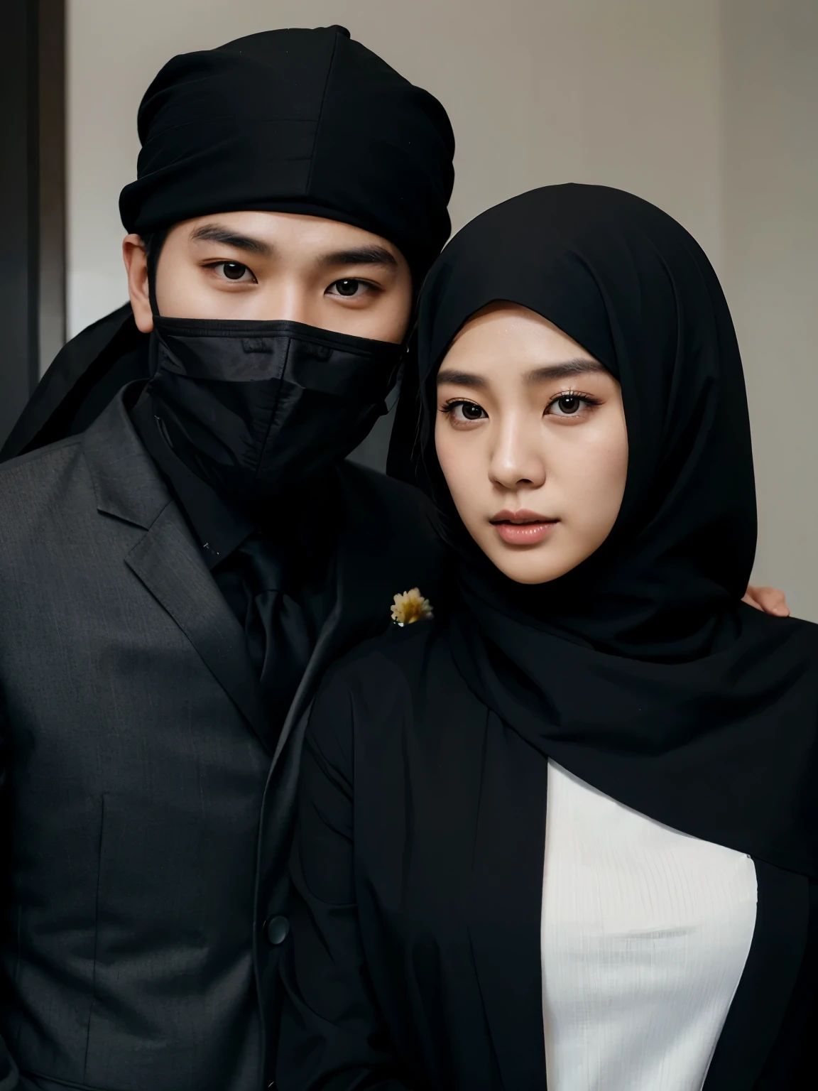 a handsome 27 year old Korean young man wearing a black suit together with a beautiful woman wearing a hijab from Indonesia